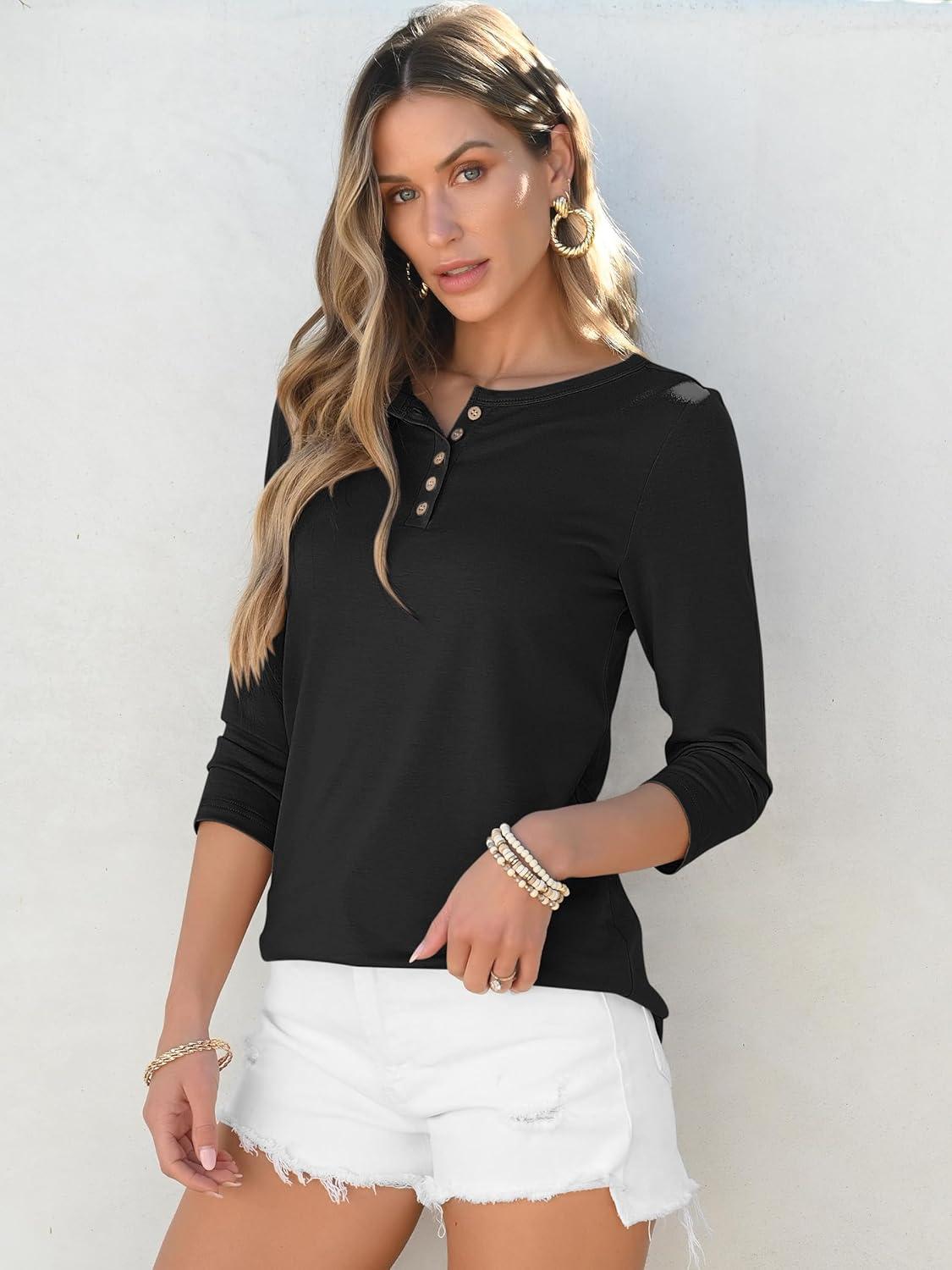 imageANRABESS Womens 34 Sleeve Tops Henley Shirts Casual Trendy Button T Shirts 2025 Summer Basic TunicBlack