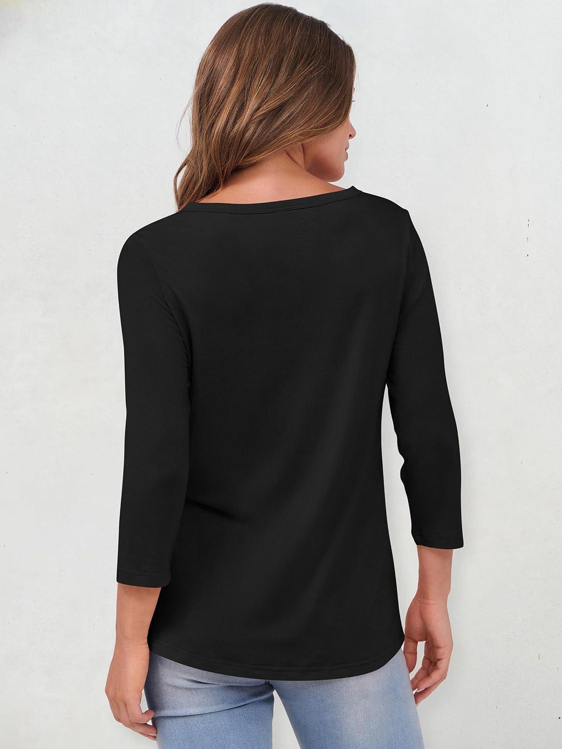 imageANRABESS Womens 34 Sleeve Tops Henley Shirts Casual Trendy Button T Shirts 2025 Summer Basic TunicBlack