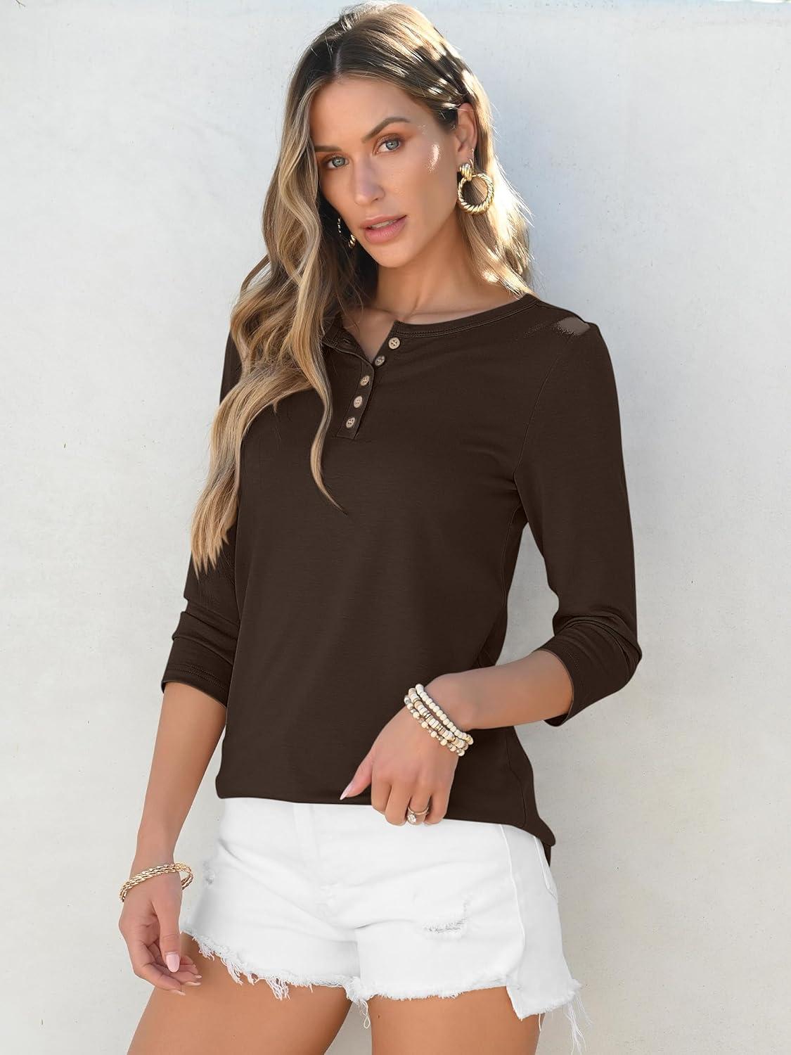 imageANRABESS Womens 34 Sleeve Tops Henley Shirts Casual Trendy Button T Shirts 2025 Summer Basic TunicBrown