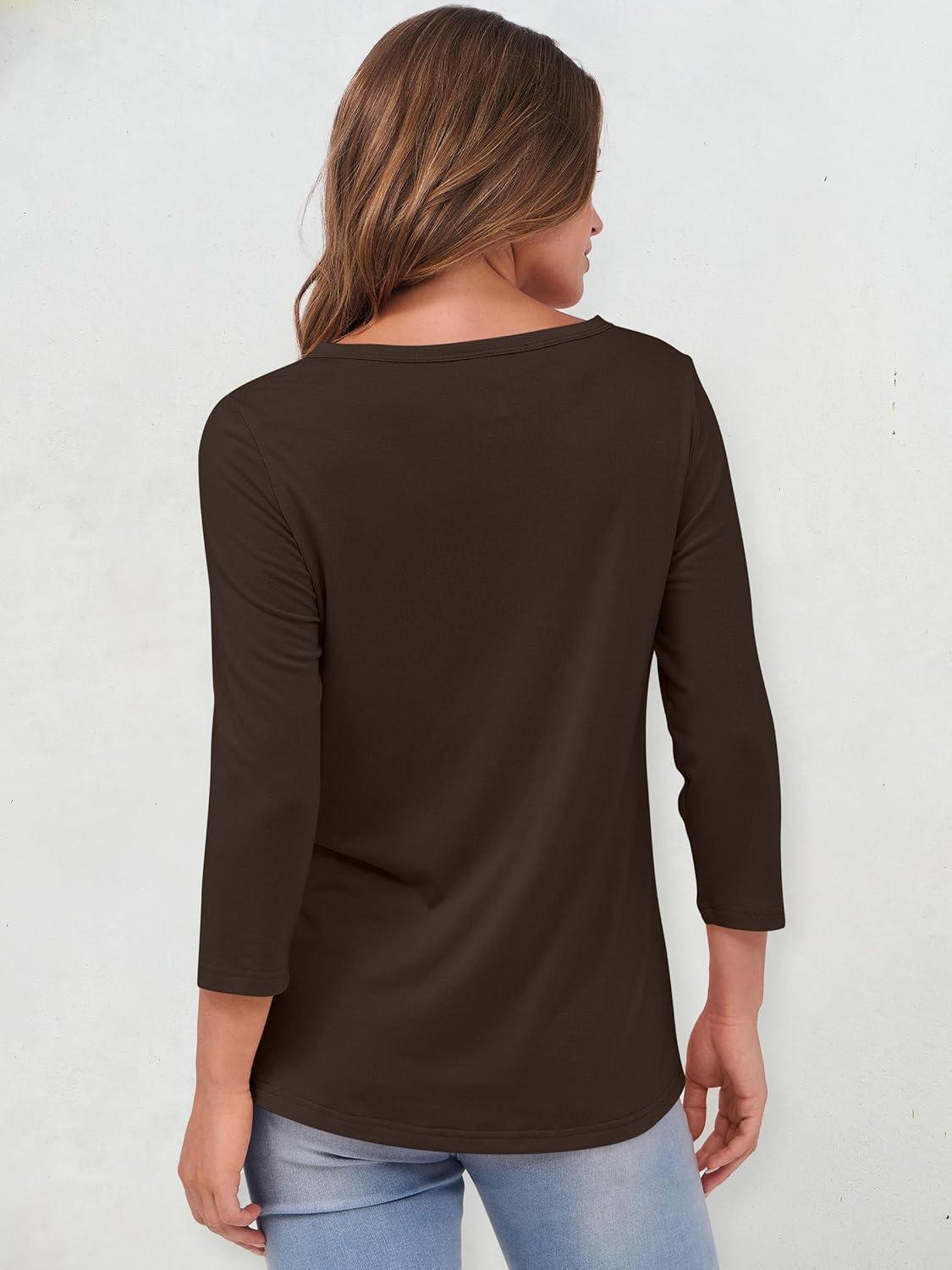 imageANRABESS Womens 34 Sleeve Tops Henley Shirts Casual Trendy Button T Shirts 2025 Summer Basic TunicBrown