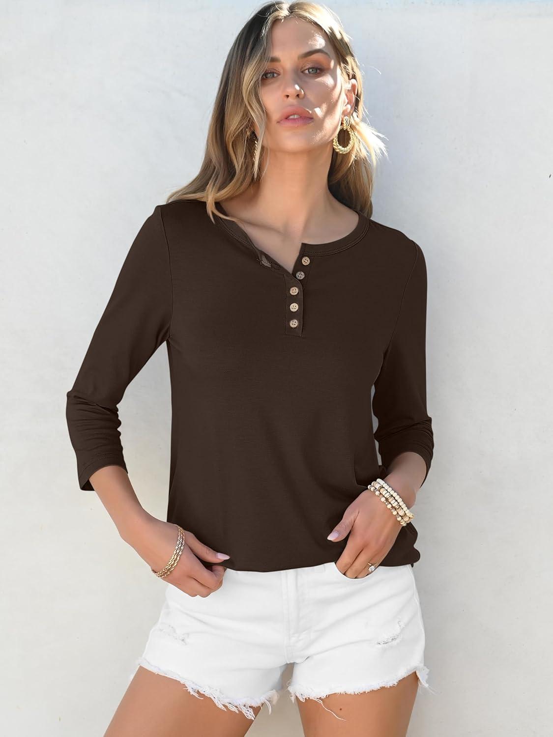 imageANRABESS Womens 34 Sleeve Tops Henley Shirts Casual Trendy Button T Shirts 2025 Summer Basic TunicBrown