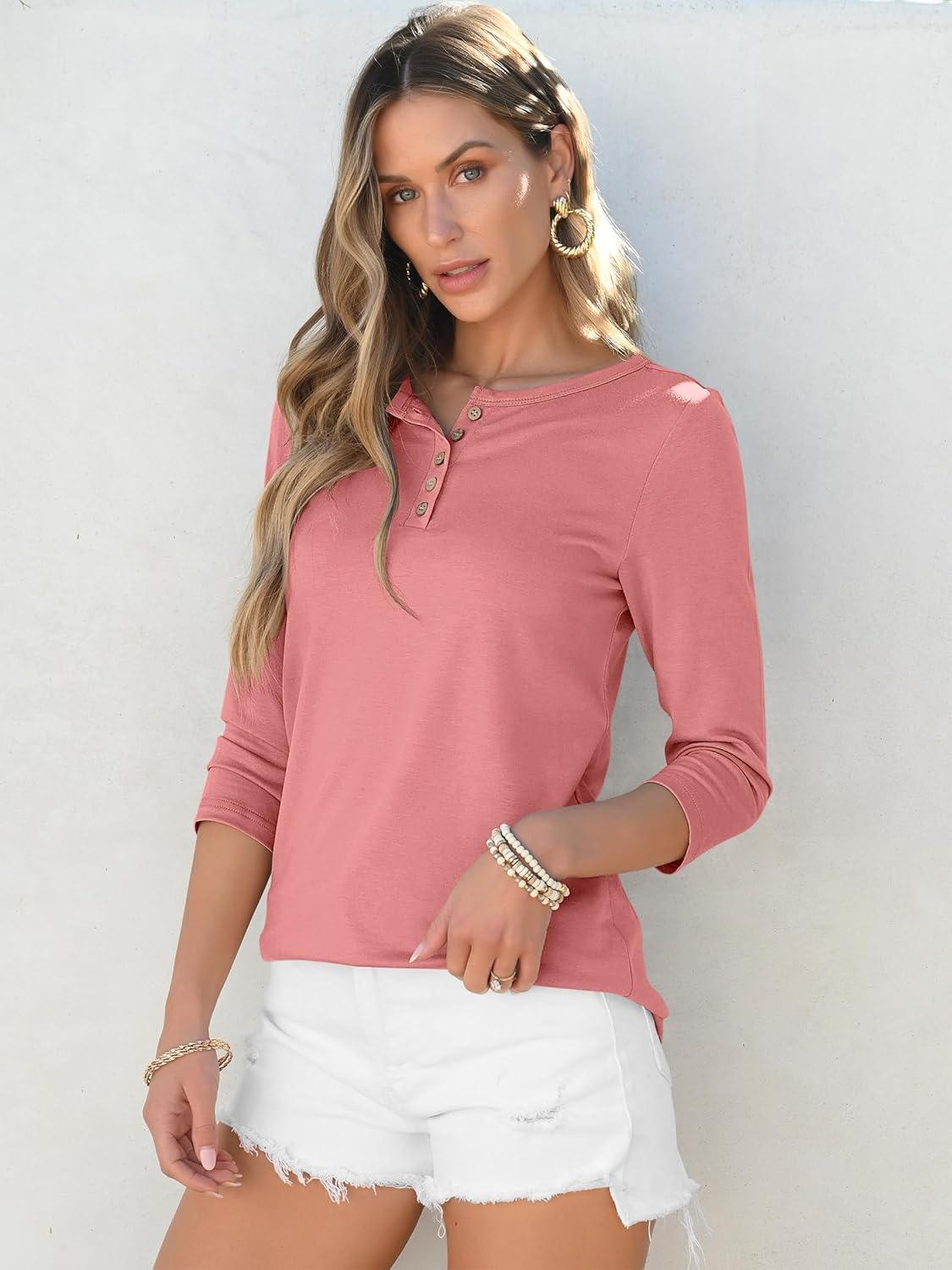 imageANRABESS Womens 34 Sleeve Tops Henley Shirts Casual Trendy Button T Shirts 2025 Summer Basic TunicCoral Pink