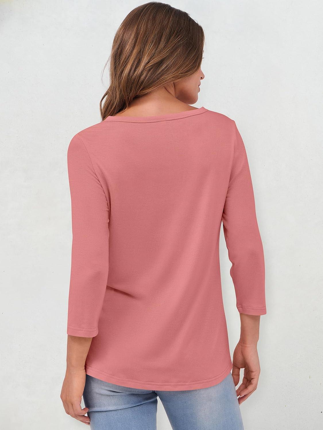 imageANRABESS Womens 34 Sleeve Tops Henley Shirts Casual Trendy Button T Shirts 2025 Summer Basic TunicCoral Pink