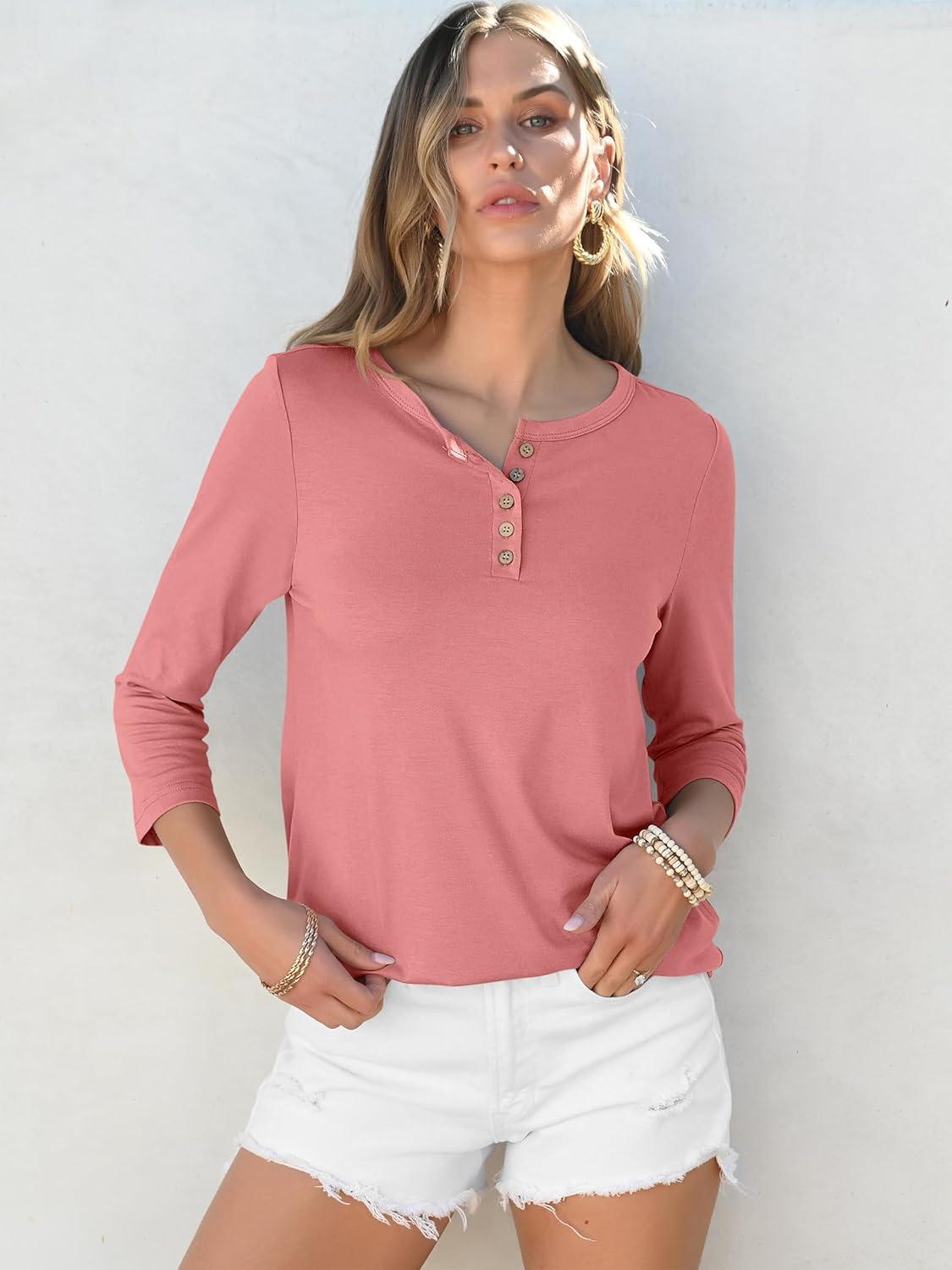 imageANRABESS Womens 34 Sleeve Tops Henley Shirts Casual Trendy Button T Shirts 2025 Summer Basic TunicCoral Pink