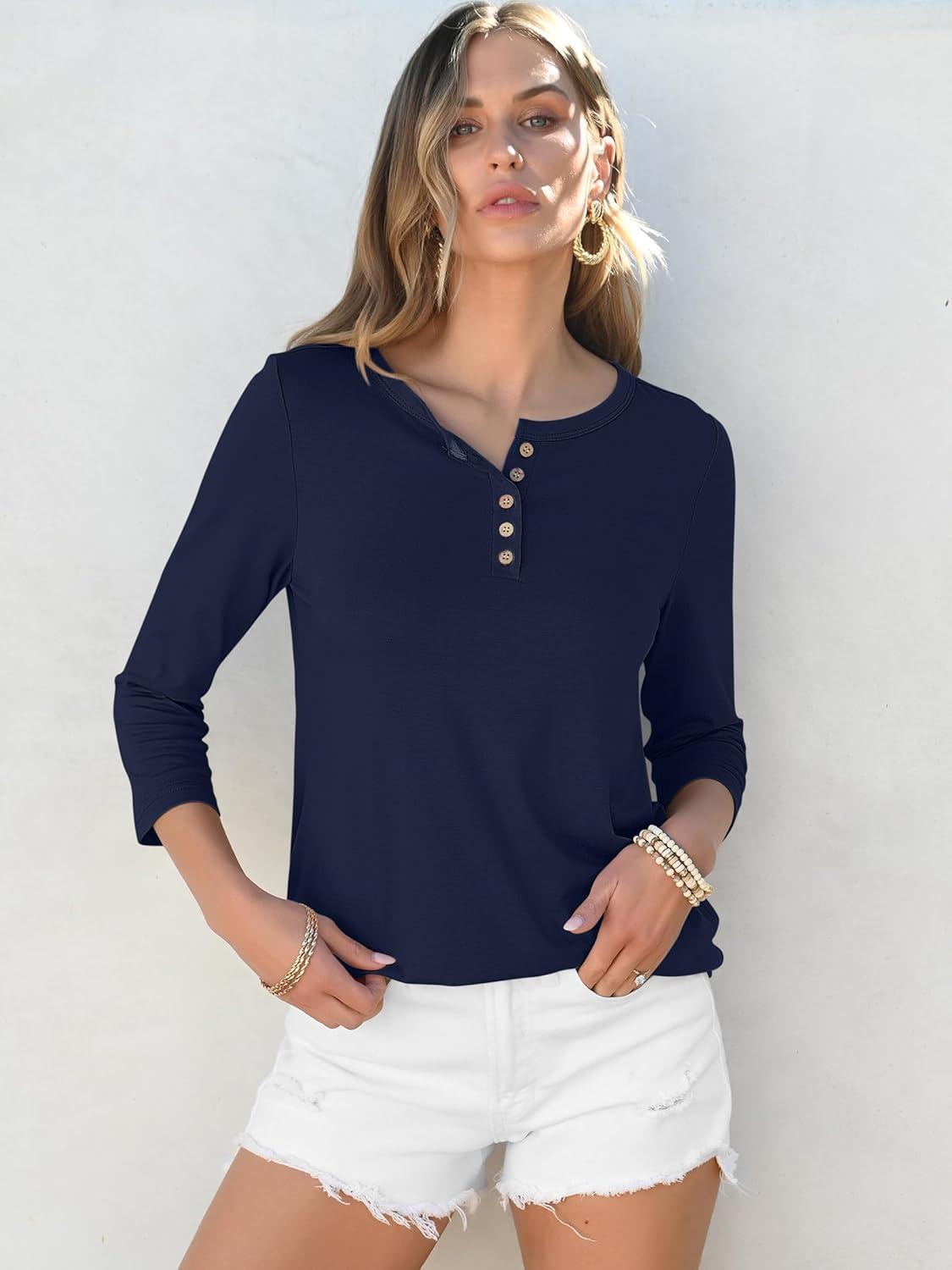 imageANRABESS Womens 34 Sleeve Tops Henley Shirts Casual Trendy Button T Shirts 2025 Summer Basic TunicDark Blue