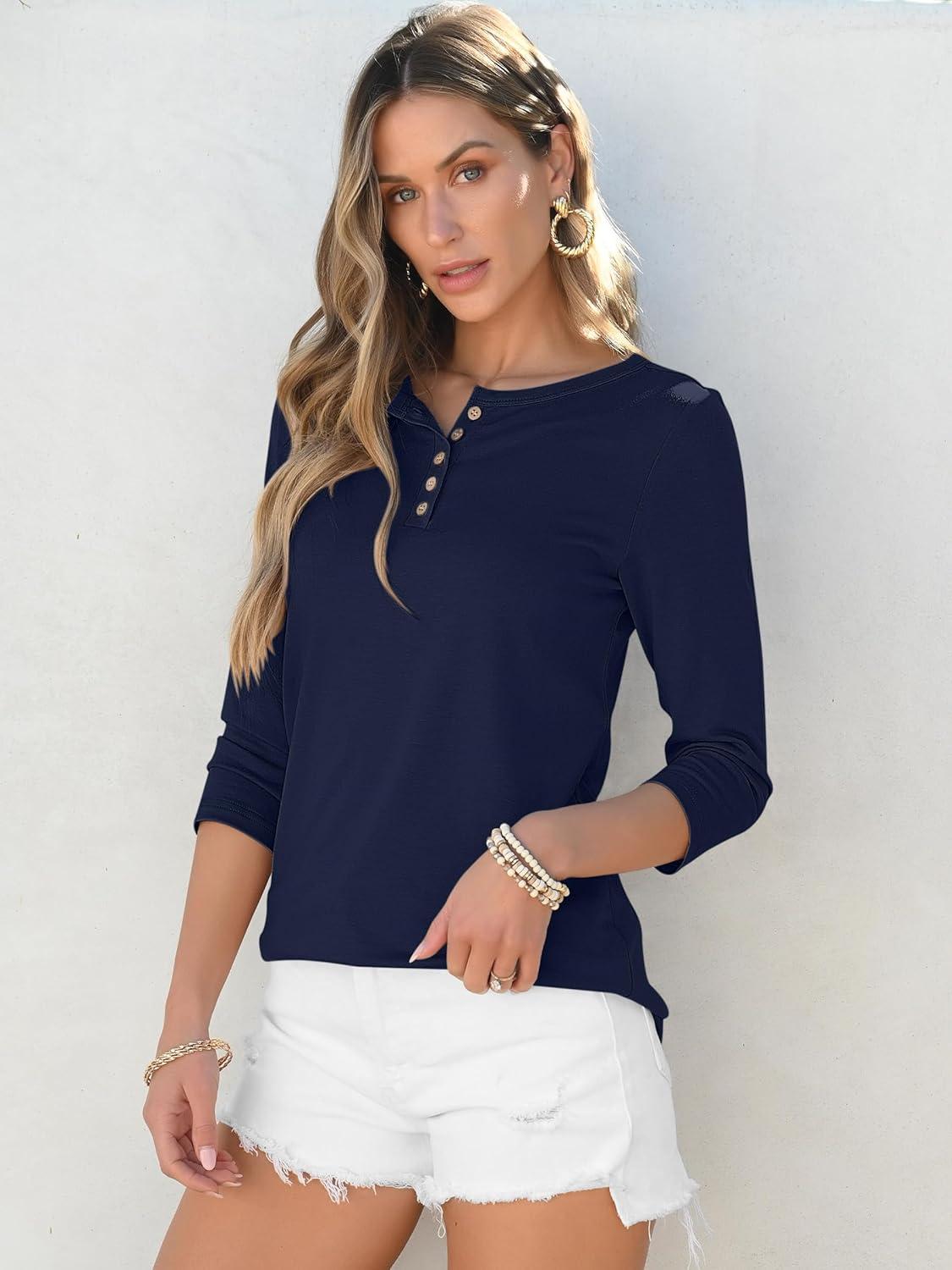 imageANRABESS Womens 34 Sleeve Tops Henley Shirts Casual Trendy Button T Shirts 2025 Summer Basic TunicDark Blue