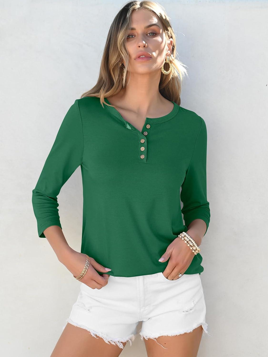 imageANRABESS Womens 34 Sleeve Tops Henley Shirts Casual Trendy Button T Shirts 2025 Summer Basic TunicGreen