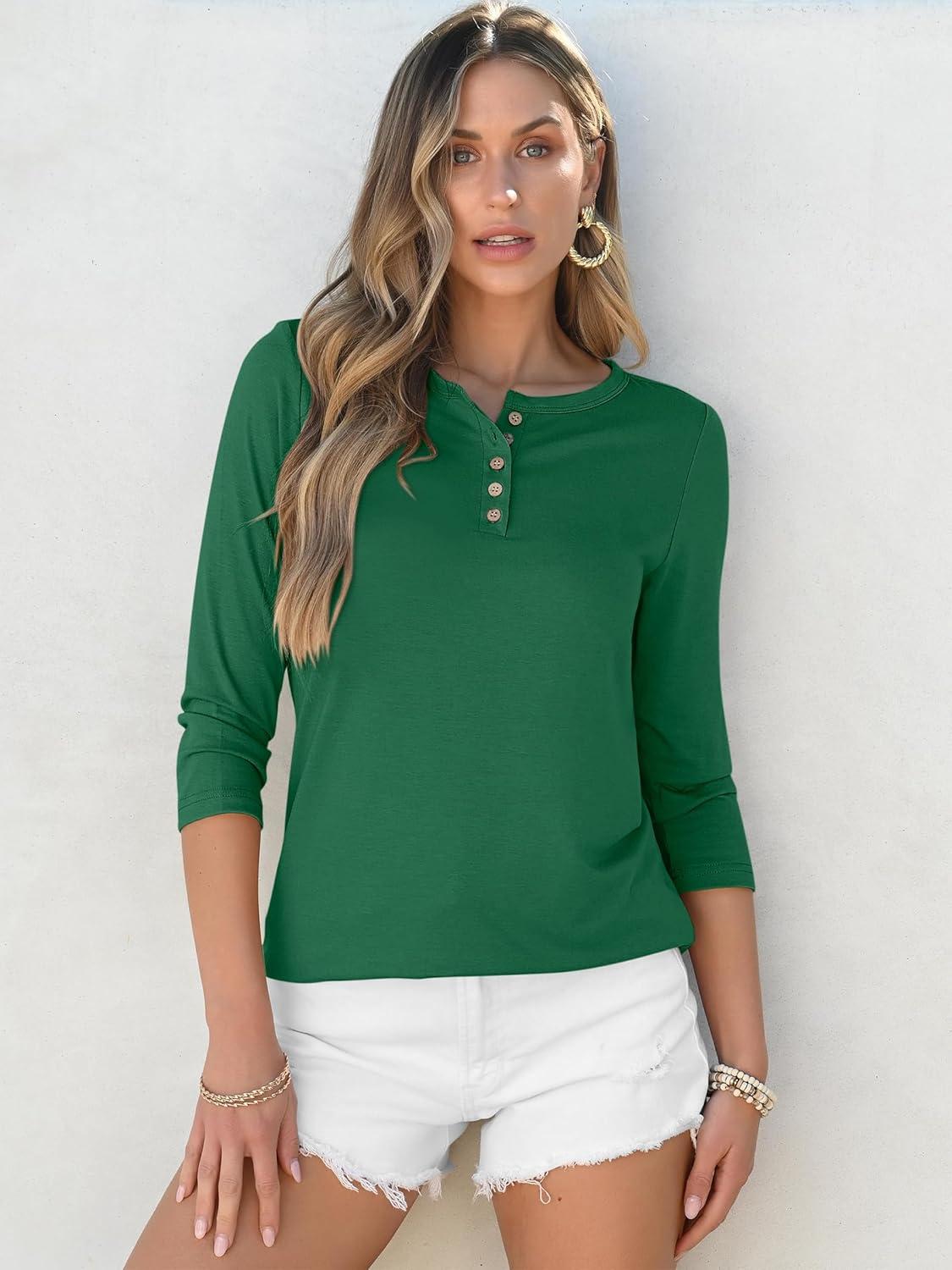 imageANRABESS Womens 34 Sleeve Tops Henley Shirts Casual Trendy Button T Shirts 2025 Summer Basic TunicGreen