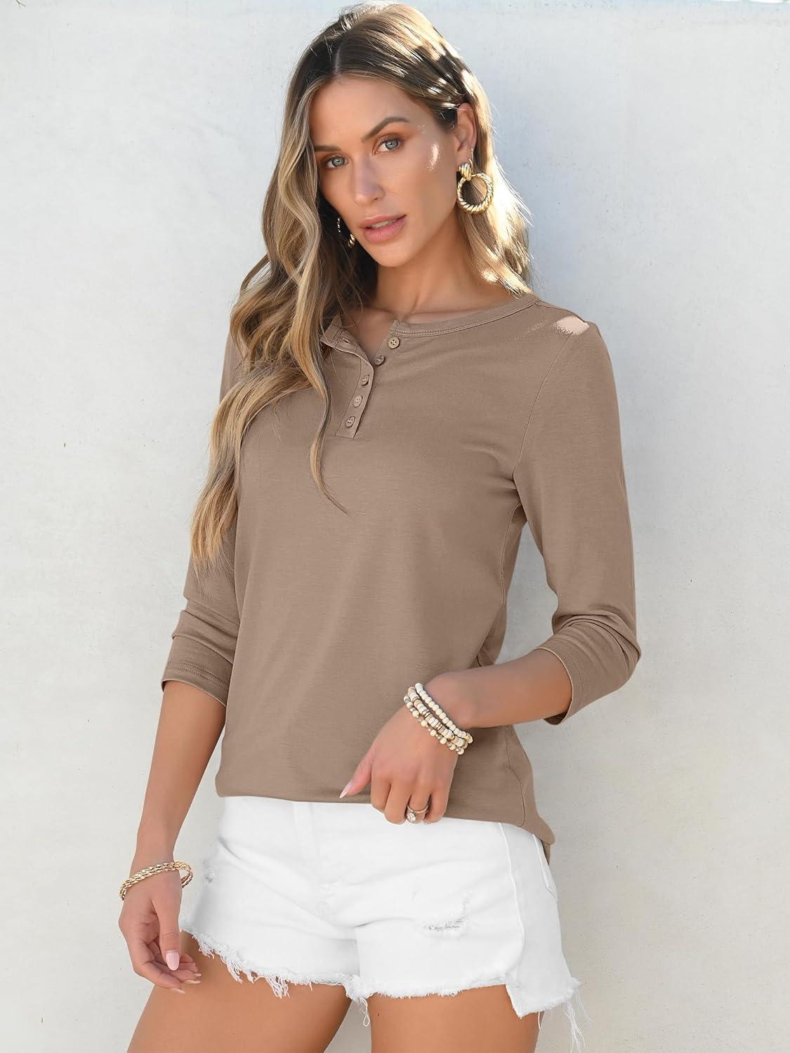 imageANRABESS Womens 34 Sleeve Tops Henley Shirts Casual Trendy Button T Shirts 2025 Summer Basic TunicKhaki