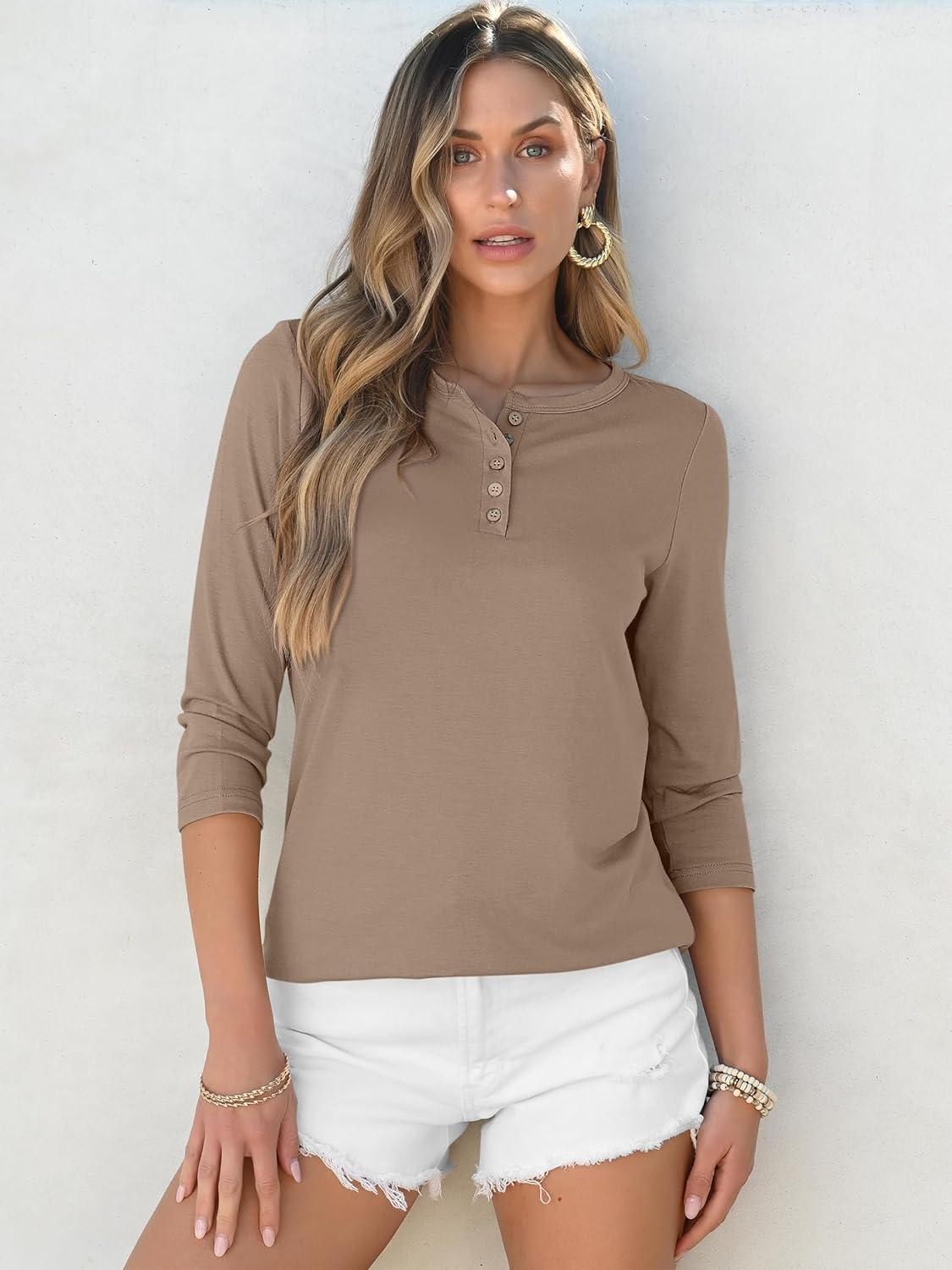 imageANRABESS Womens 34 Sleeve Tops Henley Shirts Casual Trendy Button T Shirts 2025 Summer Basic TunicKhaki