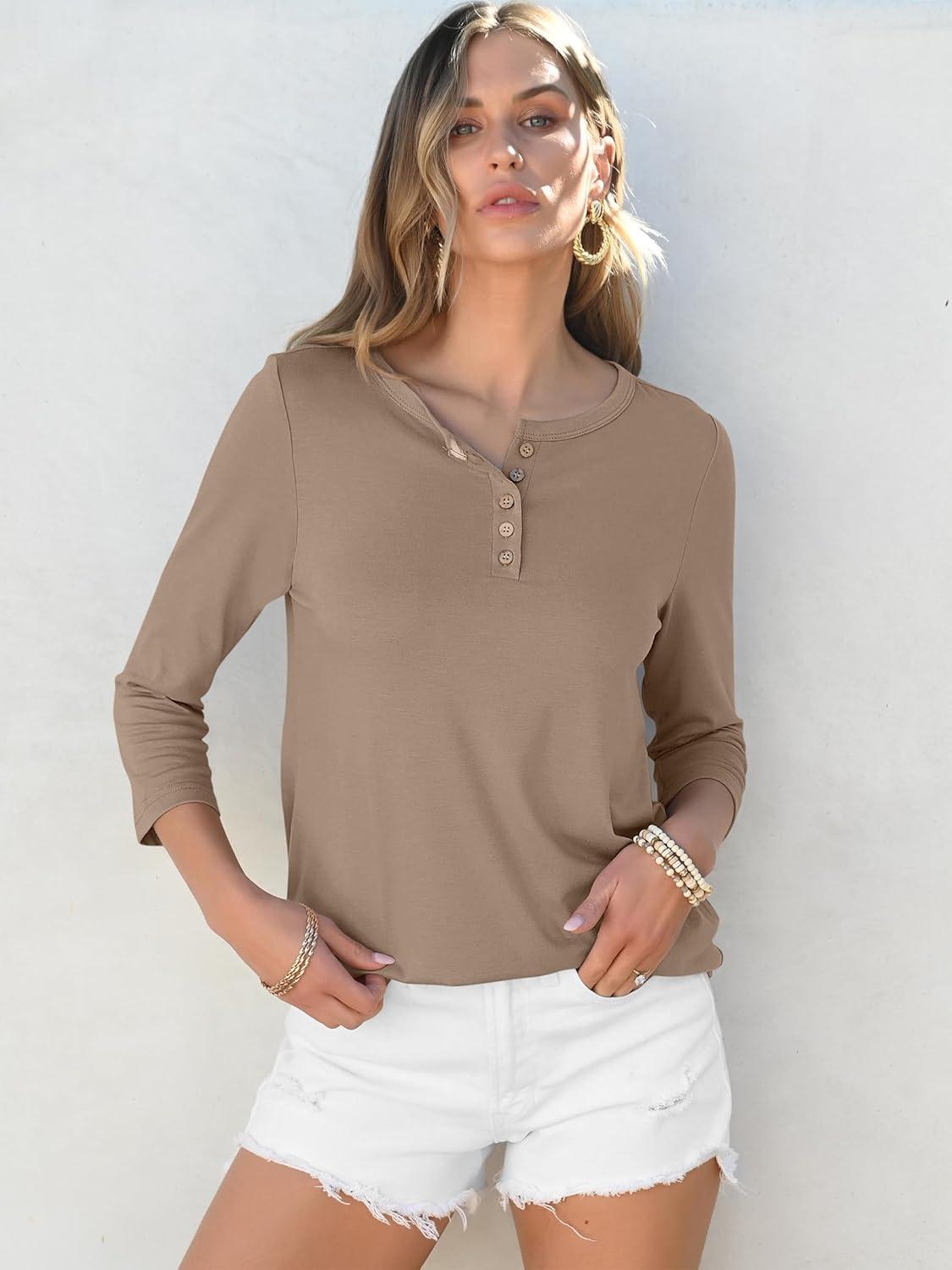 imageANRABESS Womens 34 Sleeve Tops Henley Shirts Casual Trendy Button T Shirts 2025 Summer Basic TunicKhaki