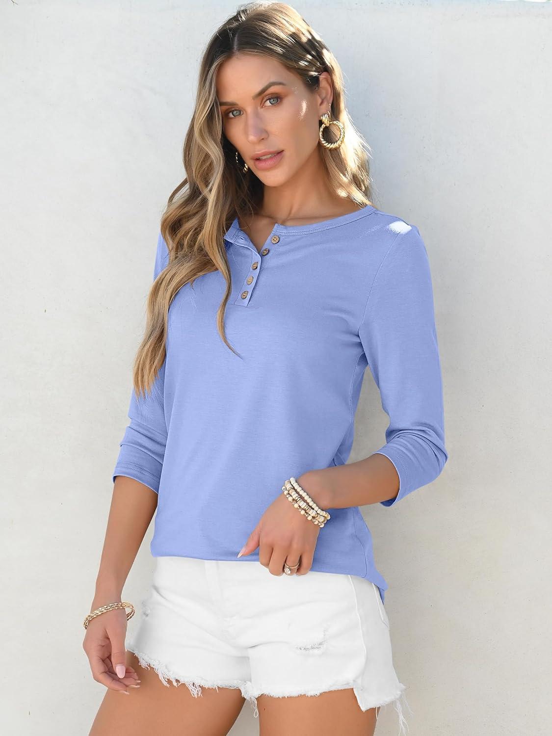 imageANRABESS Womens 34 Sleeve Tops Henley Shirts Casual Trendy Button T Shirts 2025 Summer Basic TunicSky Blue