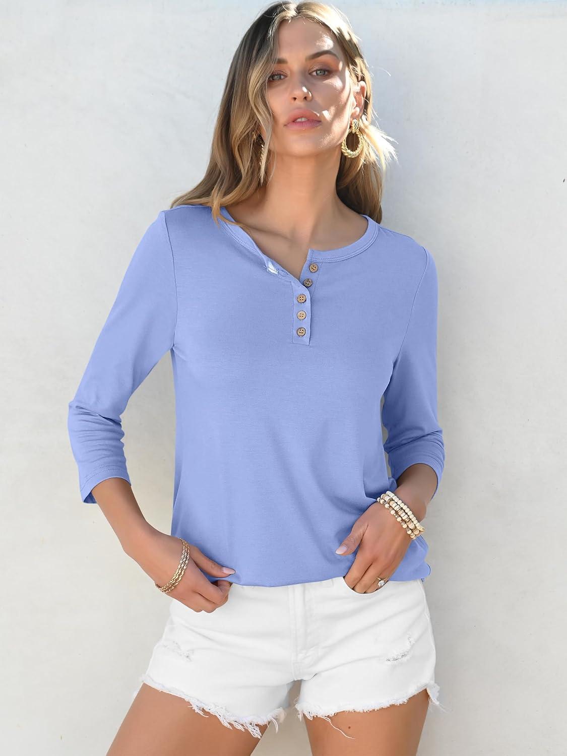 imageANRABESS Womens 34 Sleeve Tops Henley Shirts Casual Trendy Button T Shirts 2025 Summer Basic TunicSky Blue