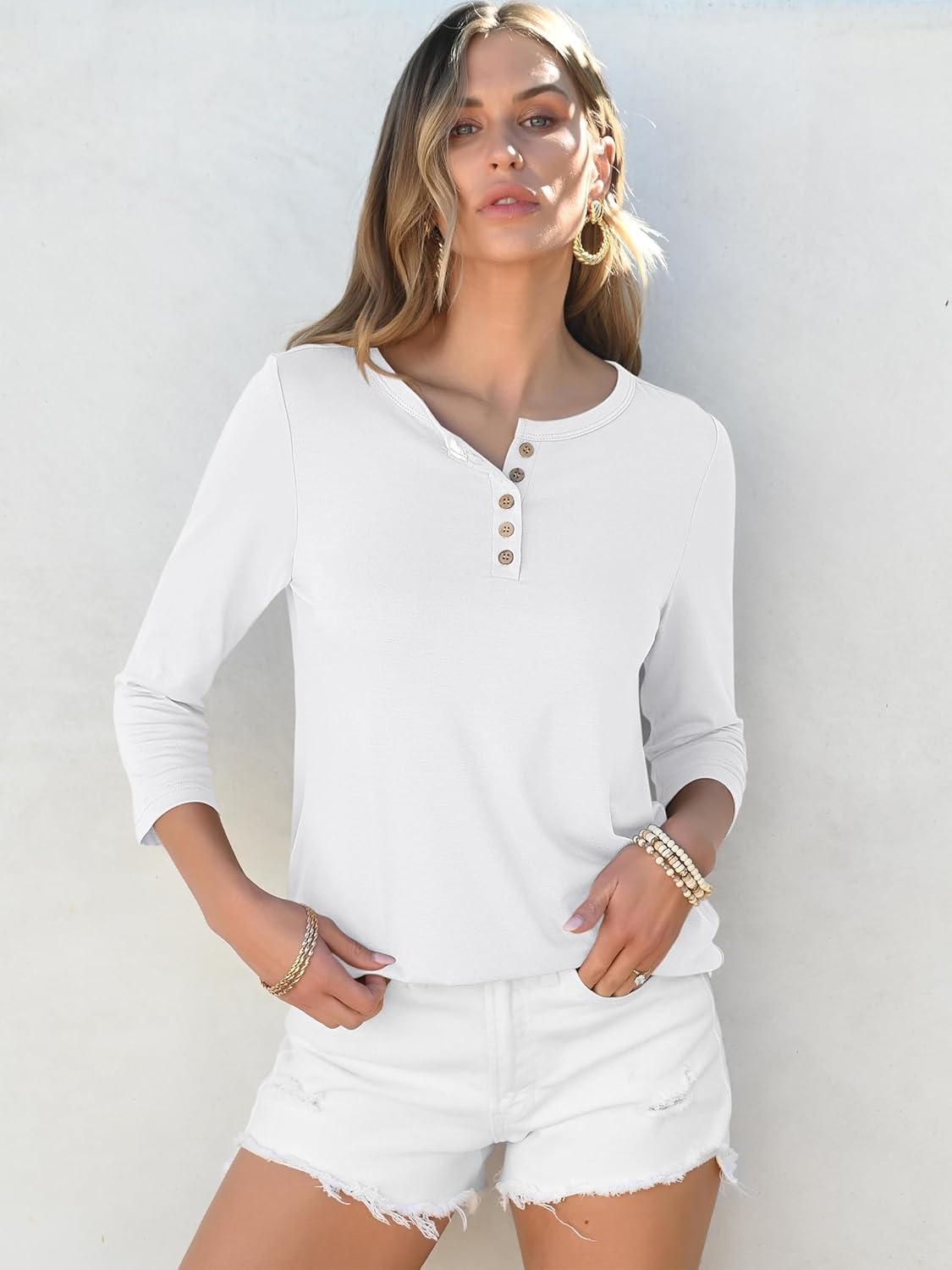 imageANRABESS Womens 34 Sleeve Tops Henley Shirts Casual Trendy Button T Shirts 2025 Summer Basic TunicWhite