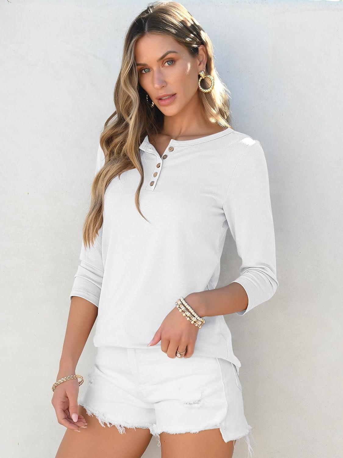 imageANRABESS Womens 34 Sleeve Tops Henley Shirts Casual Trendy Button T Shirts 2025 Summer Basic TunicWhite