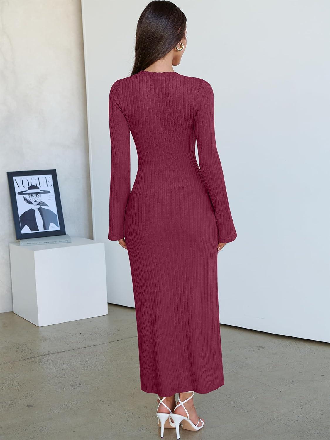 imageANRABESS Womens Bodycon Maxi Dresses 2025 Fall Casual Flare Sleeve Crewneck Lounge Comfy Sexy Ribbed Knit Long Sweater DressBurgundy
