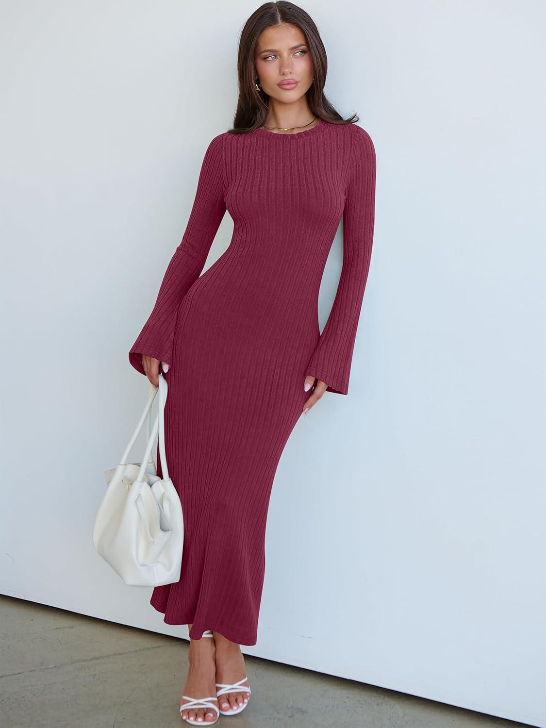 imageANRABESS Womens Bodycon Maxi Dresses 2025 Fall Casual Flare Sleeve Crewneck Lounge Comfy Sexy Ribbed Knit Long Sweater DressBurgundy