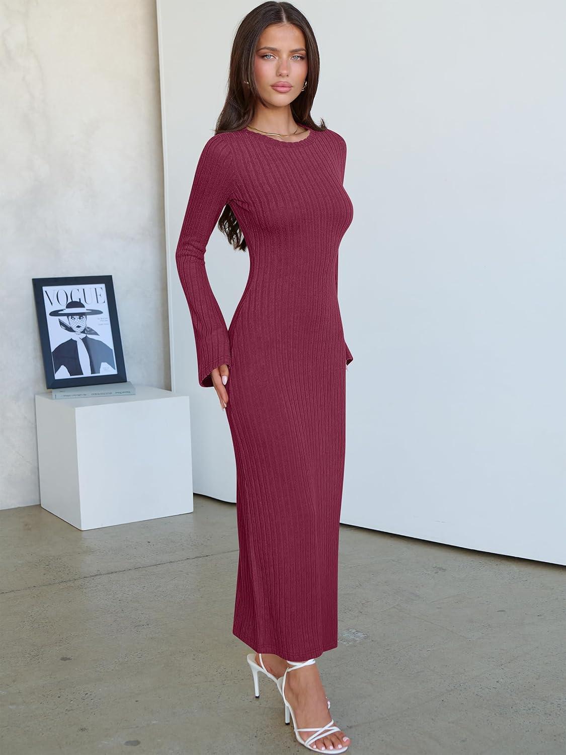 imageANRABESS Womens Bodycon Maxi Dresses 2025 Fall Casual Flare Sleeve Crewneck Lounge Comfy Sexy Ribbed Knit Long Sweater DressBurgundy