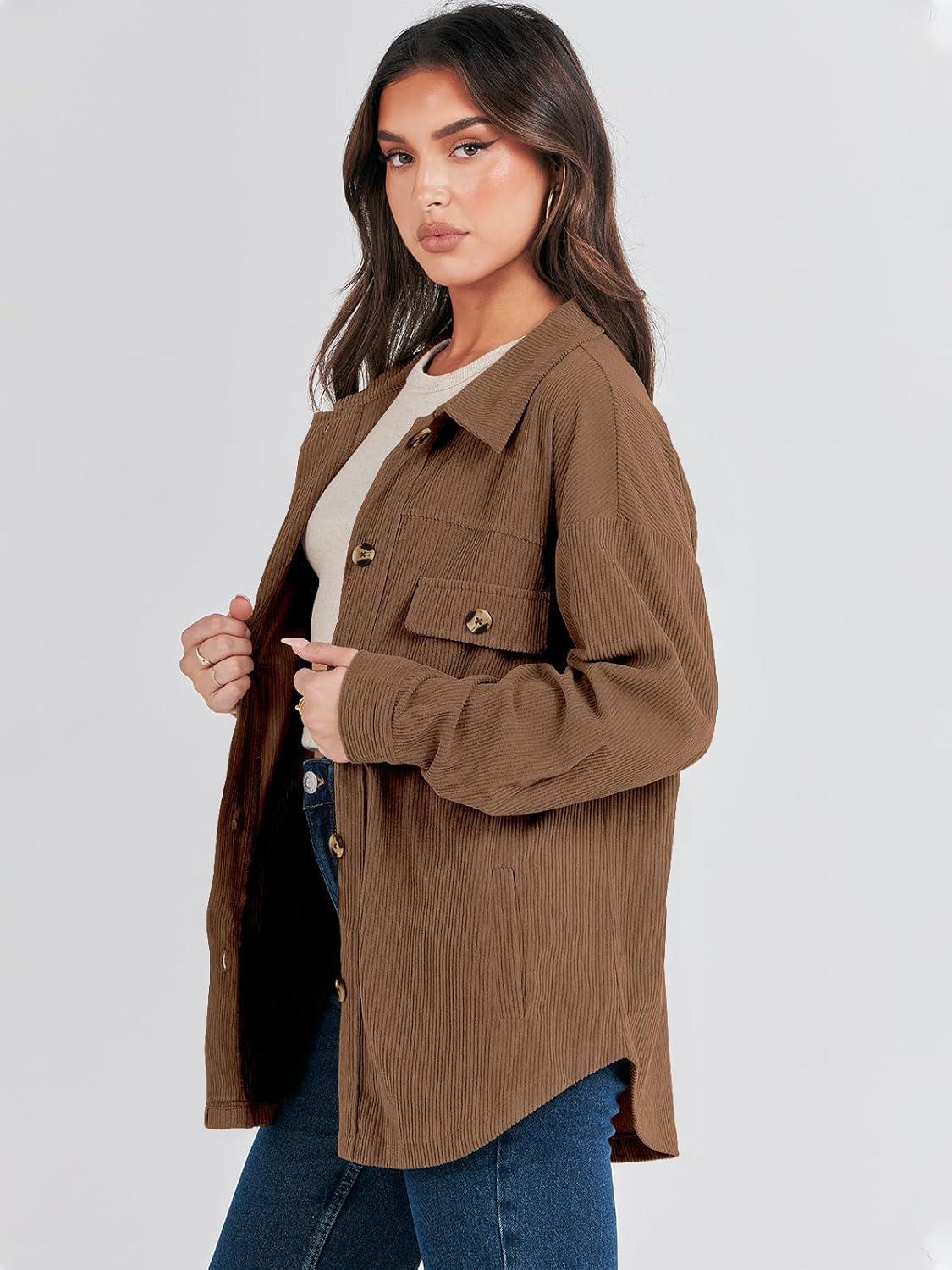 imageANRABESS Womens Corduroy Shacket Button Down Shirts Oversized Long Sleeve Casual Cardigan Jacket 2025 Fall Fashion ClothesCoffee