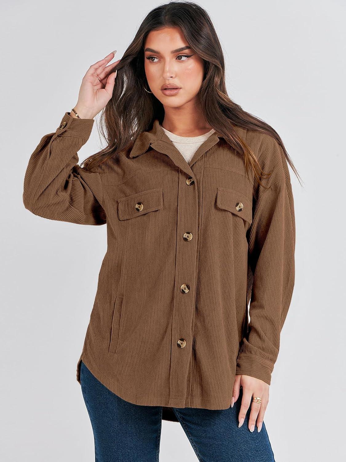 imageANRABESS Womens Corduroy Shacket Button Down Shirts Oversized Long Sleeve Casual Cardigan Jacket 2025 Fall Fashion ClothesCoffee