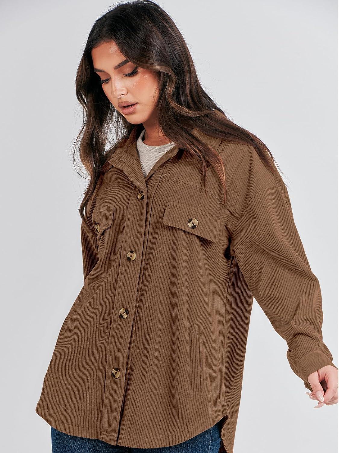 imageANRABESS Womens Corduroy Shacket Button Down Shirts Oversized Long Sleeve Casual Cardigan Jacket 2025 Fall Fashion ClothesCoffee