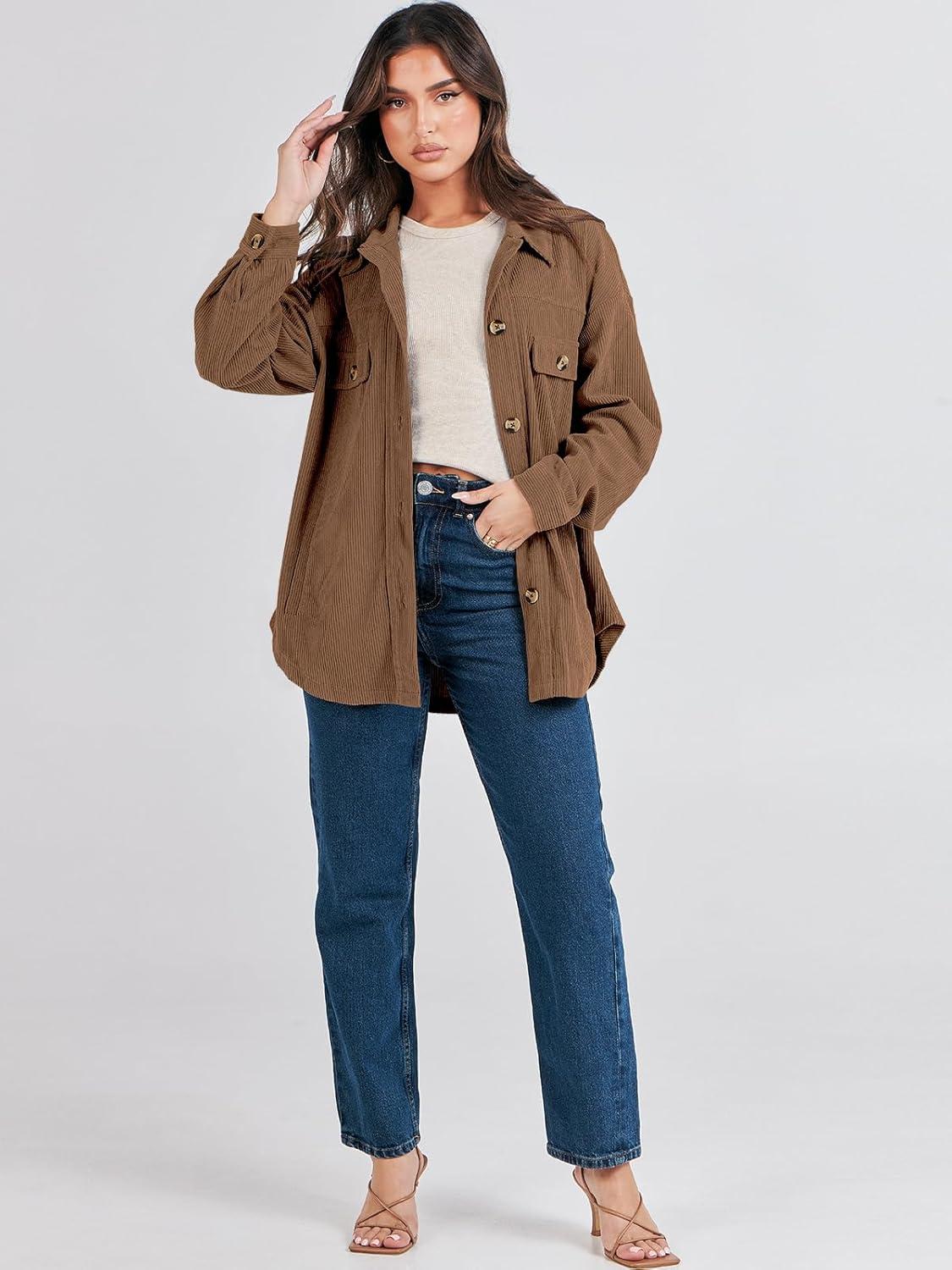 imageANRABESS Womens Corduroy Shacket Button Down Shirts Oversized Long Sleeve Casual Cardigan Jacket 2025 Fall Fashion ClothesCoffee