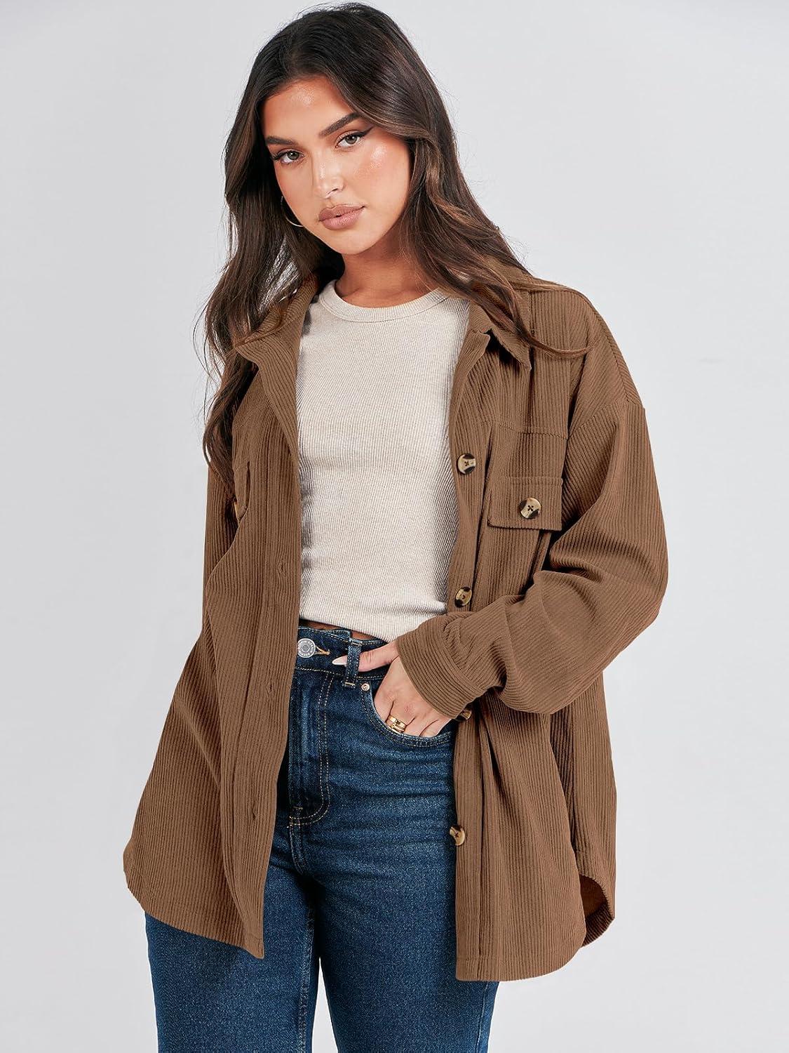 imageANRABESS Womens Corduroy Shacket Button Down Shirts Oversized Long Sleeve Casual Cardigan Jacket 2025 Fall Fashion ClothesCoffee