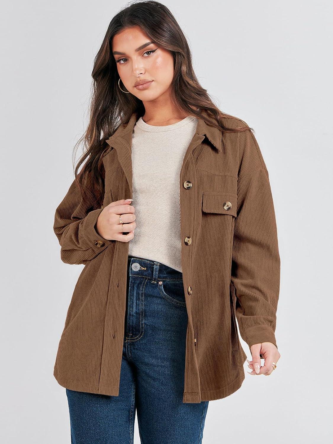 imageANRABESS Womens Corduroy Shacket Button Down Shirts Oversized Long Sleeve Casual Cardigan Jacket 2025 Fall Fashion ClothesCoffee
