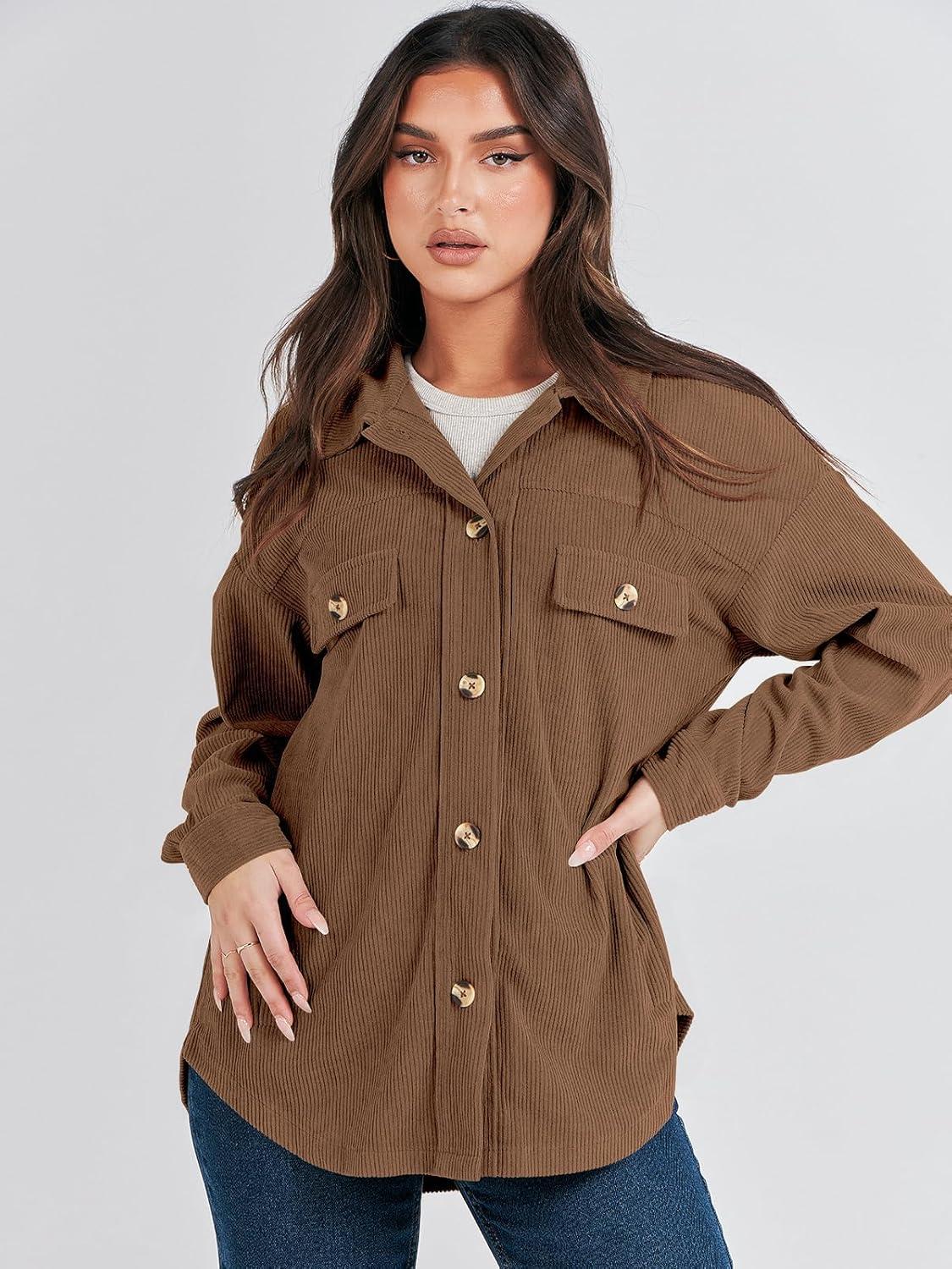 imageANRABESS Womens Corduroy Shacket Button Down Shirts Oversized Long Sleeve Casual Cardigan Jacket 2025 Fall Fashion ClothesCoffee