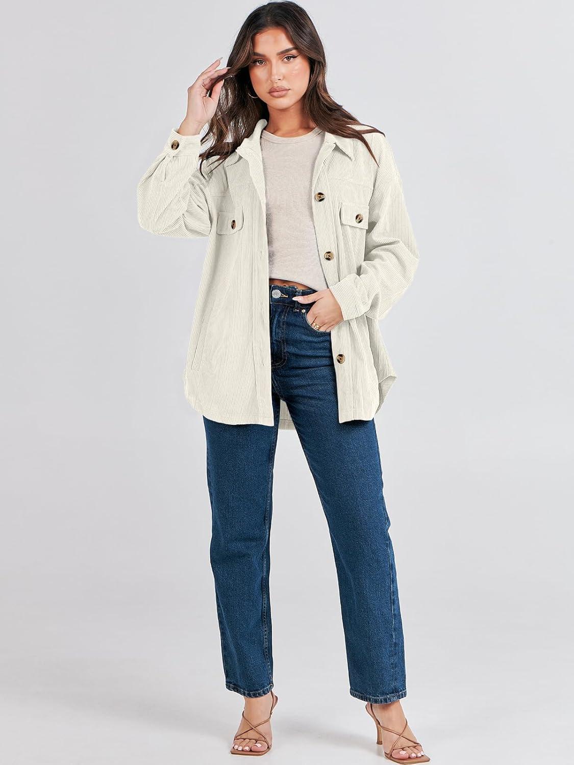 imageANRABESS Womens Corduroy Shacket Button Down Shirts Oversized Long Sleeve Casual Cardigan Jacket 2025 Fall Fashion ClothesLight Apricot