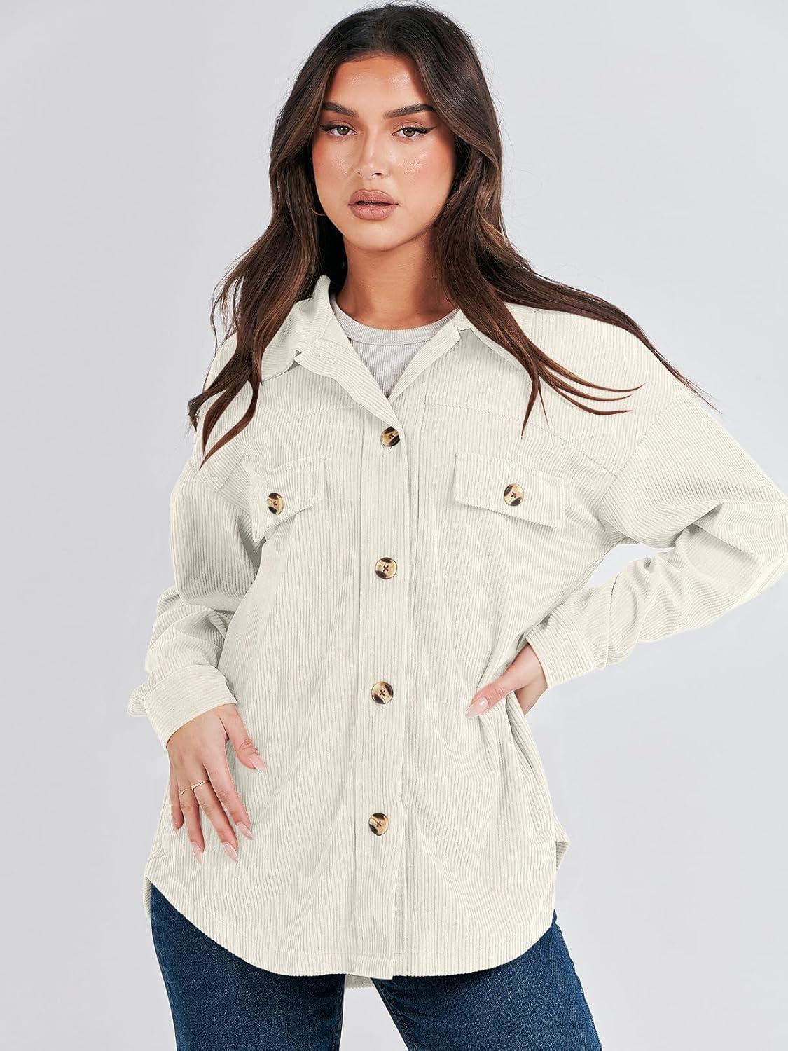 imageANRABESS Womens Corduroy Shacket Button Down Shirts Oversized Long Sleeve Casual Cardigan Jacket 2025 Fall Fashion ClothesLight Apricot