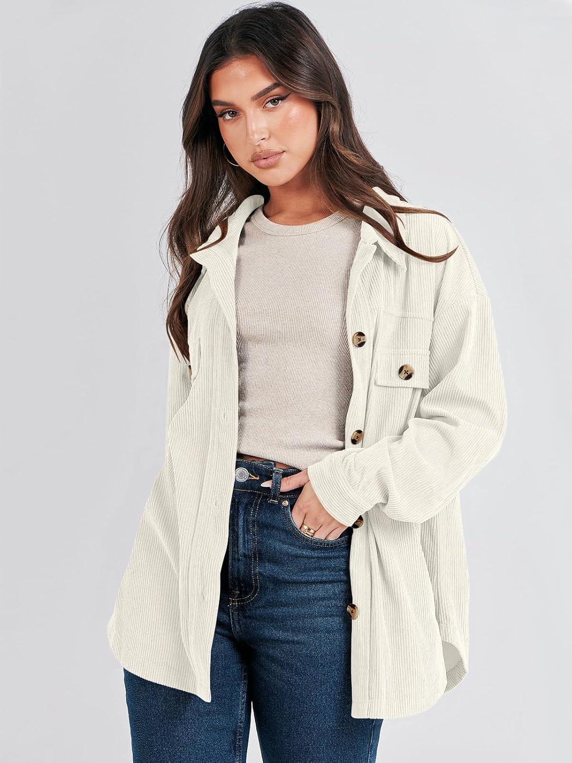 imageANRABESS Womens Corduroy Shacket Button Down Shirts Oversized Long Sleeve Casual Cardigan Jacket 2025 Fall Fashion ClothesLight Apricot