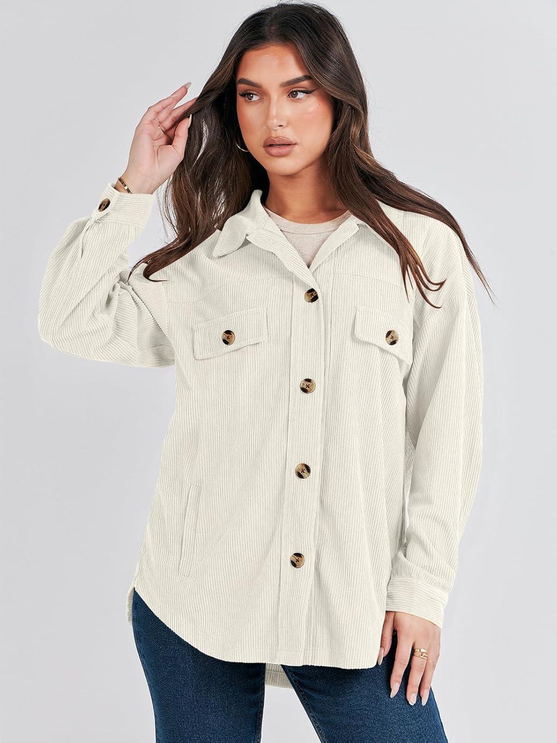 imageANRABESS Womens Corduroy Shacket Button Down Shirts Oversized Long Sleeve Casual Cardigan Jacket 2025 Fall Fashion ClothesLight Apricot