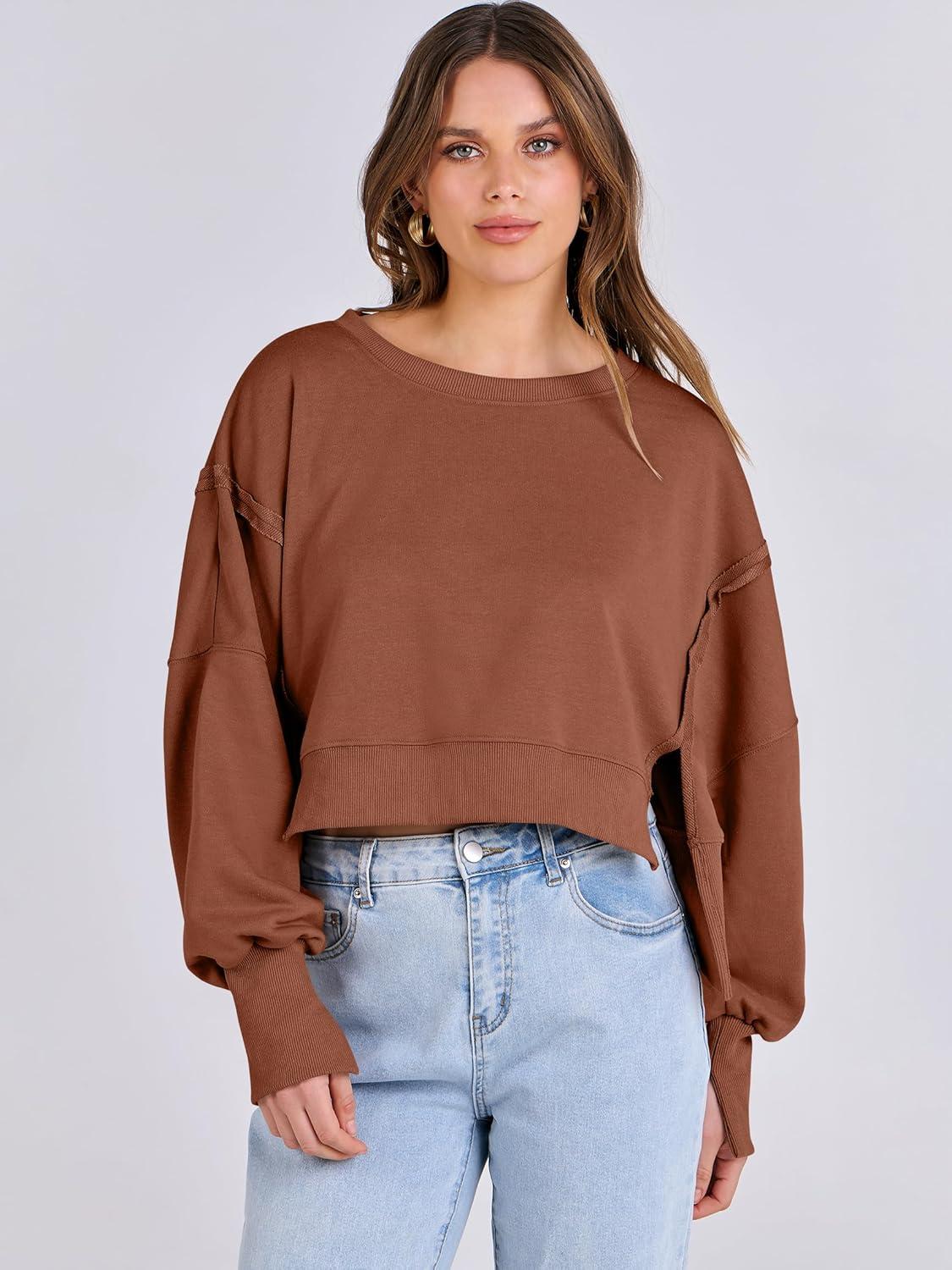 imageANRABESS Womens Cropped Sweatshirts Oversized Crewneck Long Sleeve Tops 2025 Fall Winter Loose Pullover Teen Girls ClothesCaramel