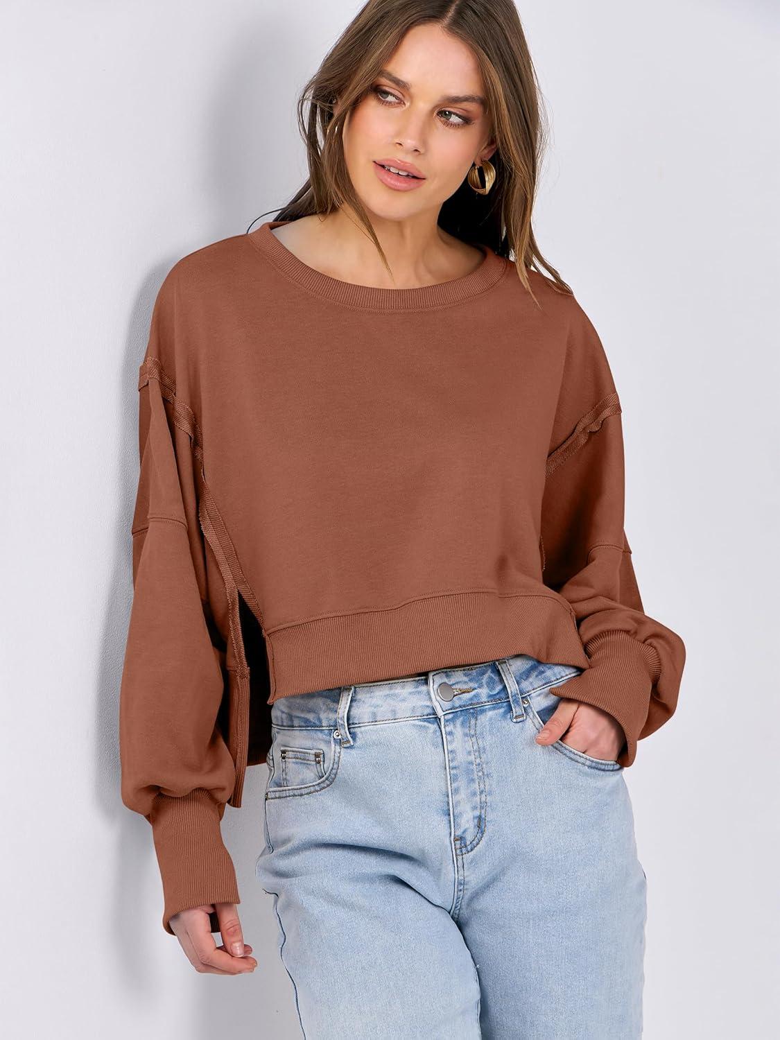 imageANRABESS Womens Cropped Sweatshirts Oversized Crewneck Long Sleeve Tops 2025 Fall Winter Loose Pullover Teen Girls ClothesCaramel