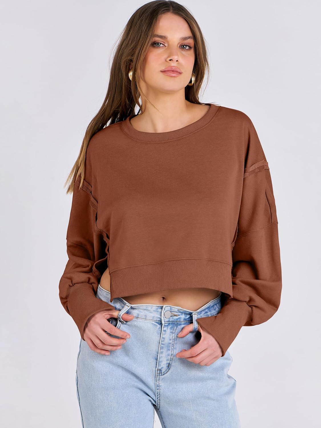 imageANRABESS Womens Cropped Sweatshirts Oversized Crewneck Long Sleeve Tops 2025 Fall Winter Loose Pullover Teen Girls ClothesCaramel