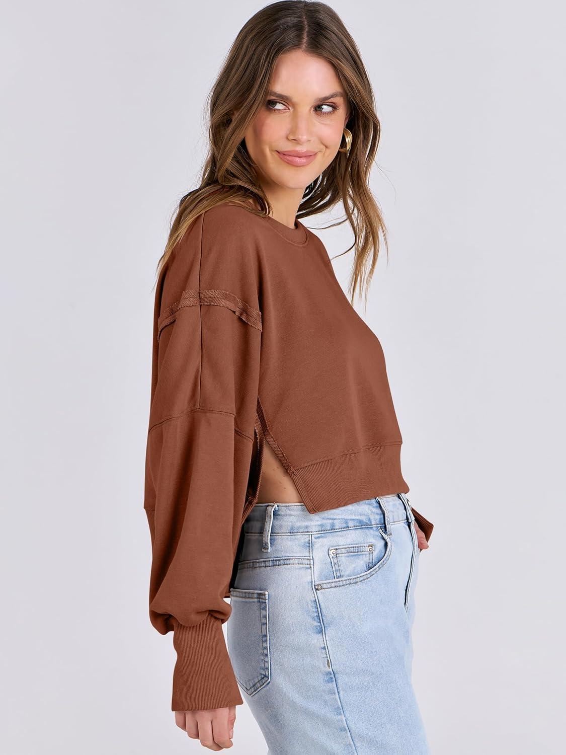 imageANRABESS Womens Cropped Sweatshirts Oversized Crewneck Long Sleeve Tops 2025 Fall Winter Loose Pullover Teen Girls ClothesCaramel