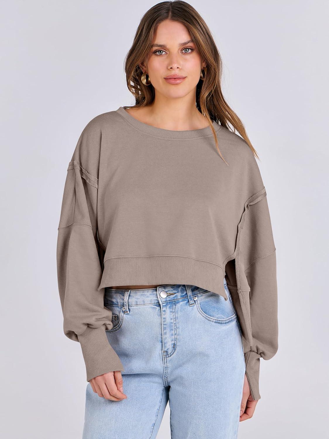 imageANRABESS Womens Cropped Sweatshirts Oversized Crewneck Long Sleeve Tops 2025 Fall Winter Loose Pullover Teen Girls ClothesKhaki