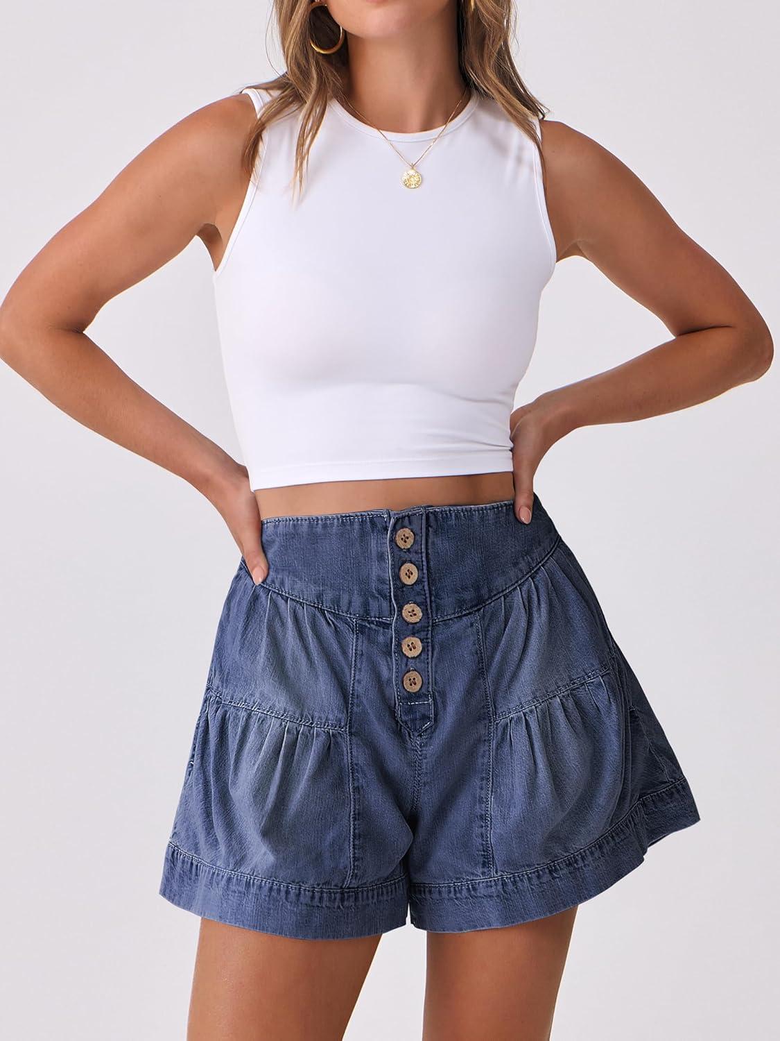 imageANRABESS Womens Denim Shorts Summer Baggy High Waisted Flowy Wide Leg Buttons Pleated Casual Jean Shorts 2025 Fashion SkortsBlue