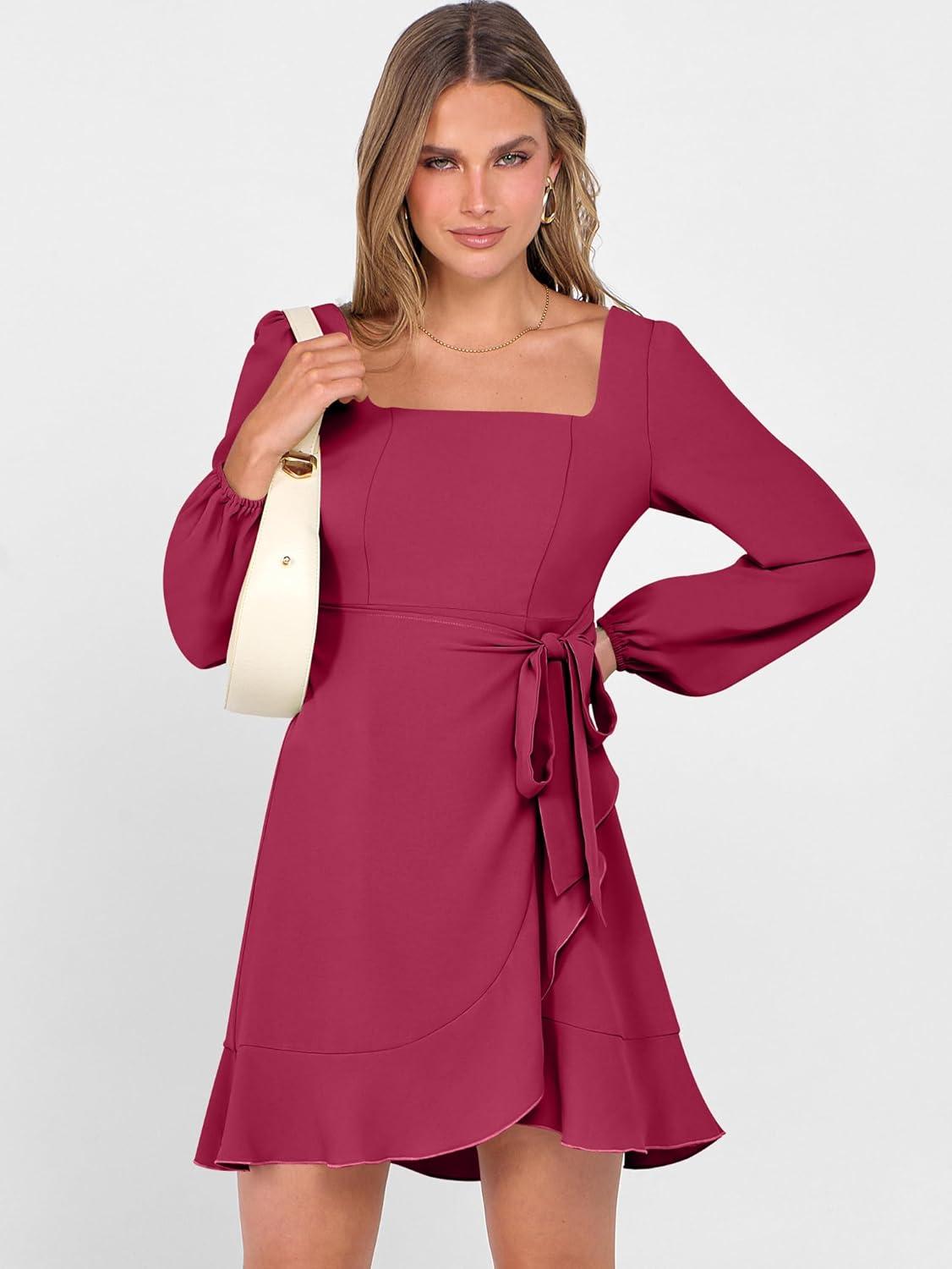 imageANRABESS Womens Dress Long Sleeve Square Neck Tie Waist Ruffle Hem Short Cocktail Wedding Guest Fall Party Club Mini DressesDark Red