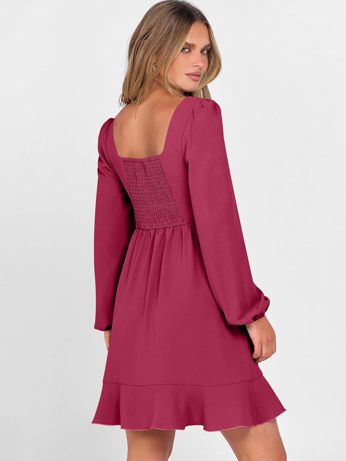 imageANRABESS Womens Dress Long Sleeve Square Neck Tie Waist Ruffle Hem Short Cocktail Wedding Guest Fall Party Club Mini DressesDark Red