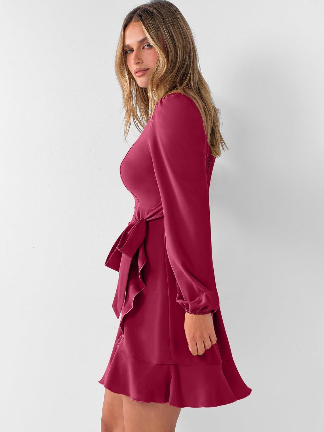 imageANRABESS Womens Dress Long Sleeve Square Neck Tie Waist Ruffle Hem Short Cocktail Wedding Guest Fall Party Club Mini DressesDark Red