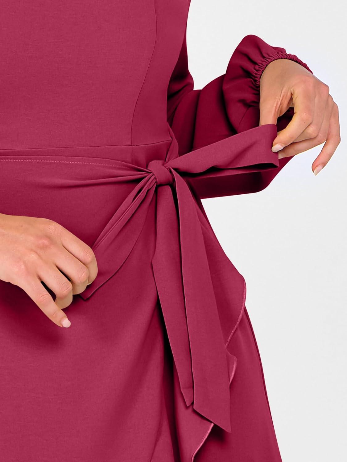 imageANRABESS Womens Dress Long Sleeve Square Neck Tie Waist Ruffle Hem Short Cocktail Wedding Guest Fall Party Club Mini DressesDark Red