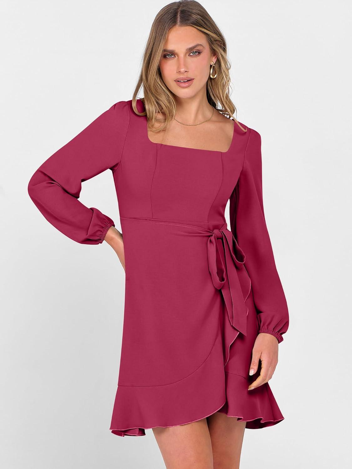 imageANRABESS Womens Dress Long Sleeve Square Neck Tie Waist Ruffle Hem Short Cocktail Wedding Guest Fall Party Club Mini DressesDark Red