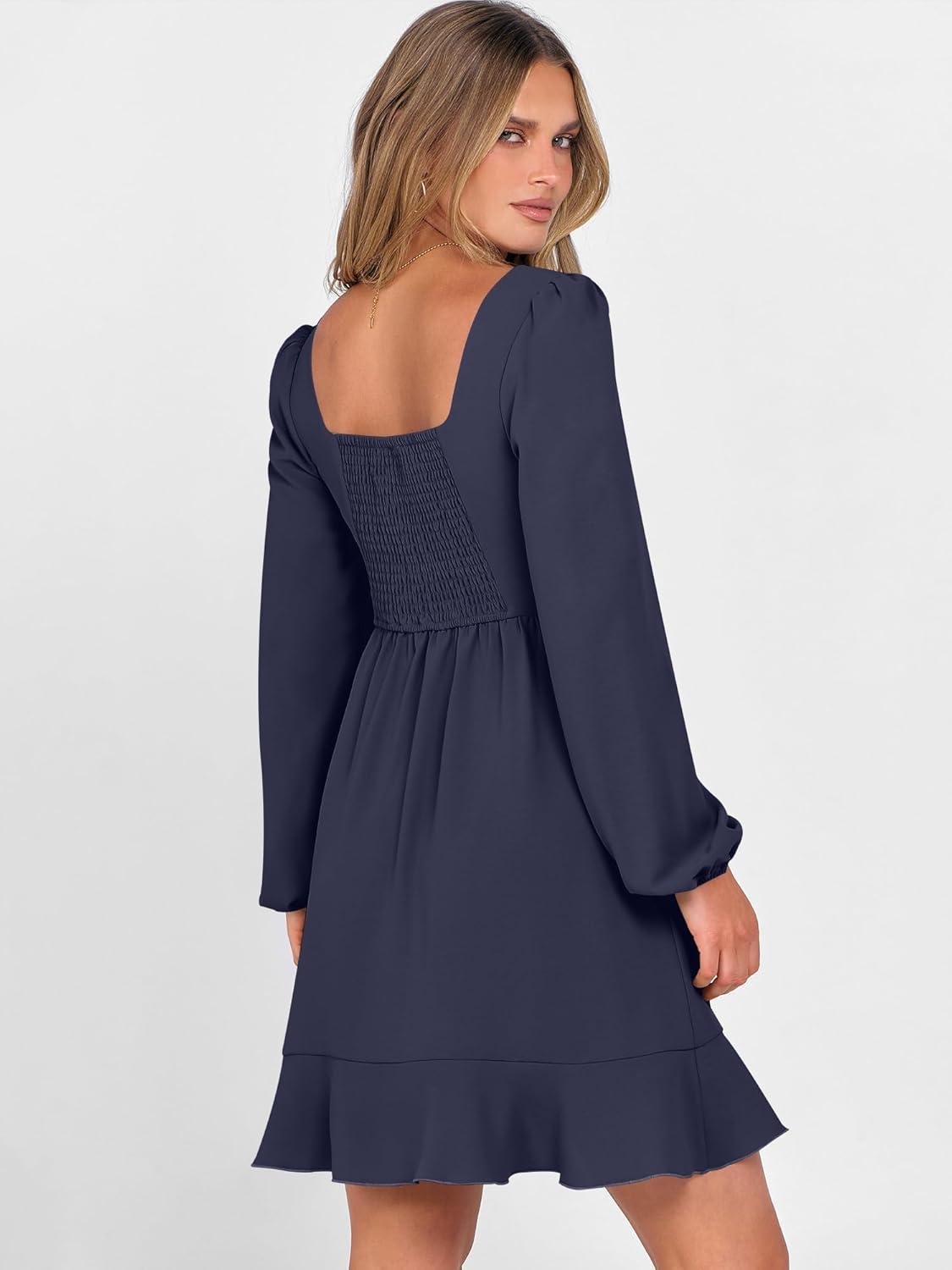imageANRABESS Womens Dress Long Sleeve Square Neck Tie Waist Ruffle Hem Short Cocktail Wedding Guest Fall Party Club Mini DressesDeep Navy Blue