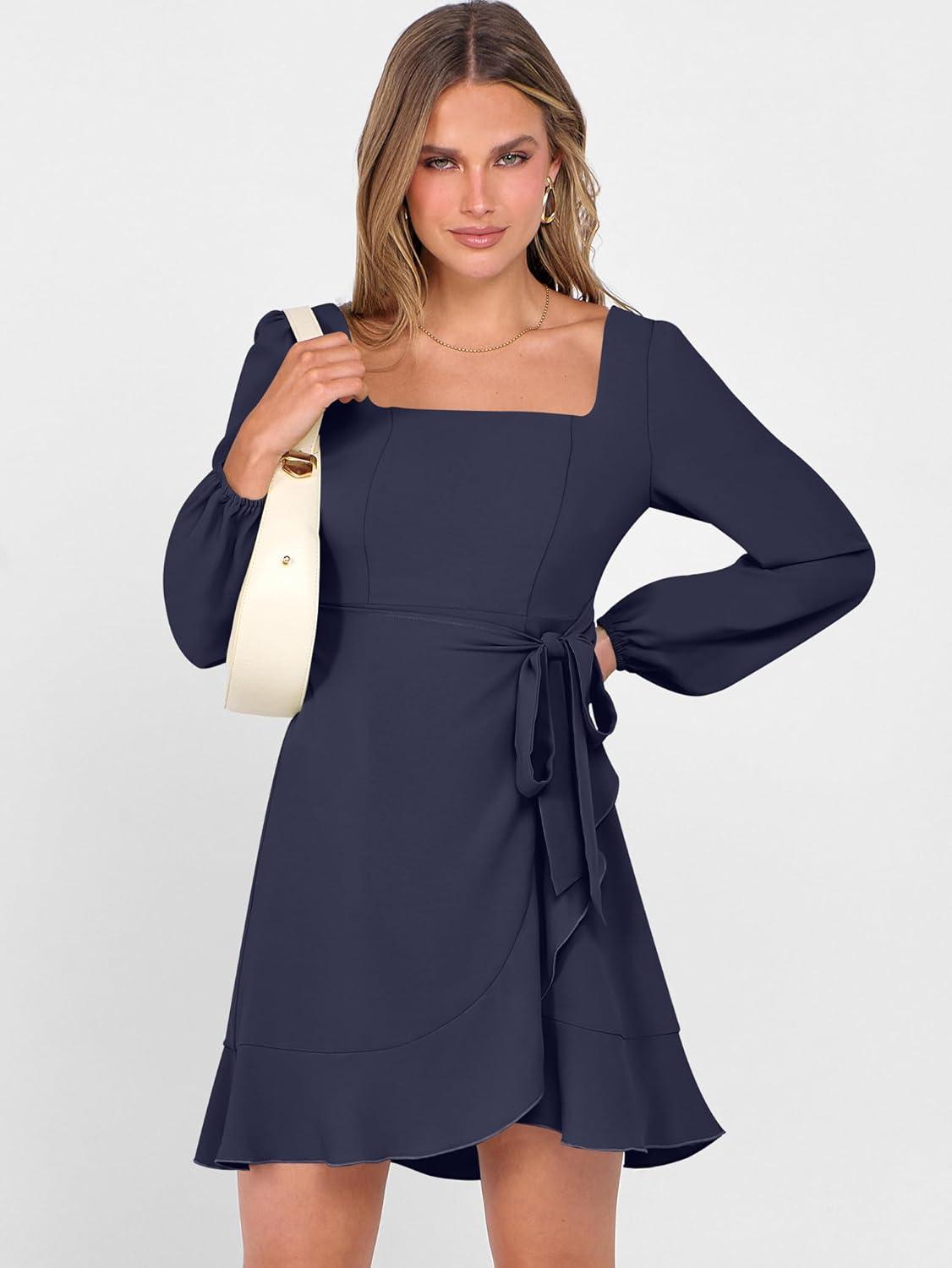 imageANRABESS Womens Dress Long Sleeve Square Neck Tie Waist Ruffle Hem Short Cocktail Wedding Guest Fall Party Club Mini DressesDeep Navy Blue