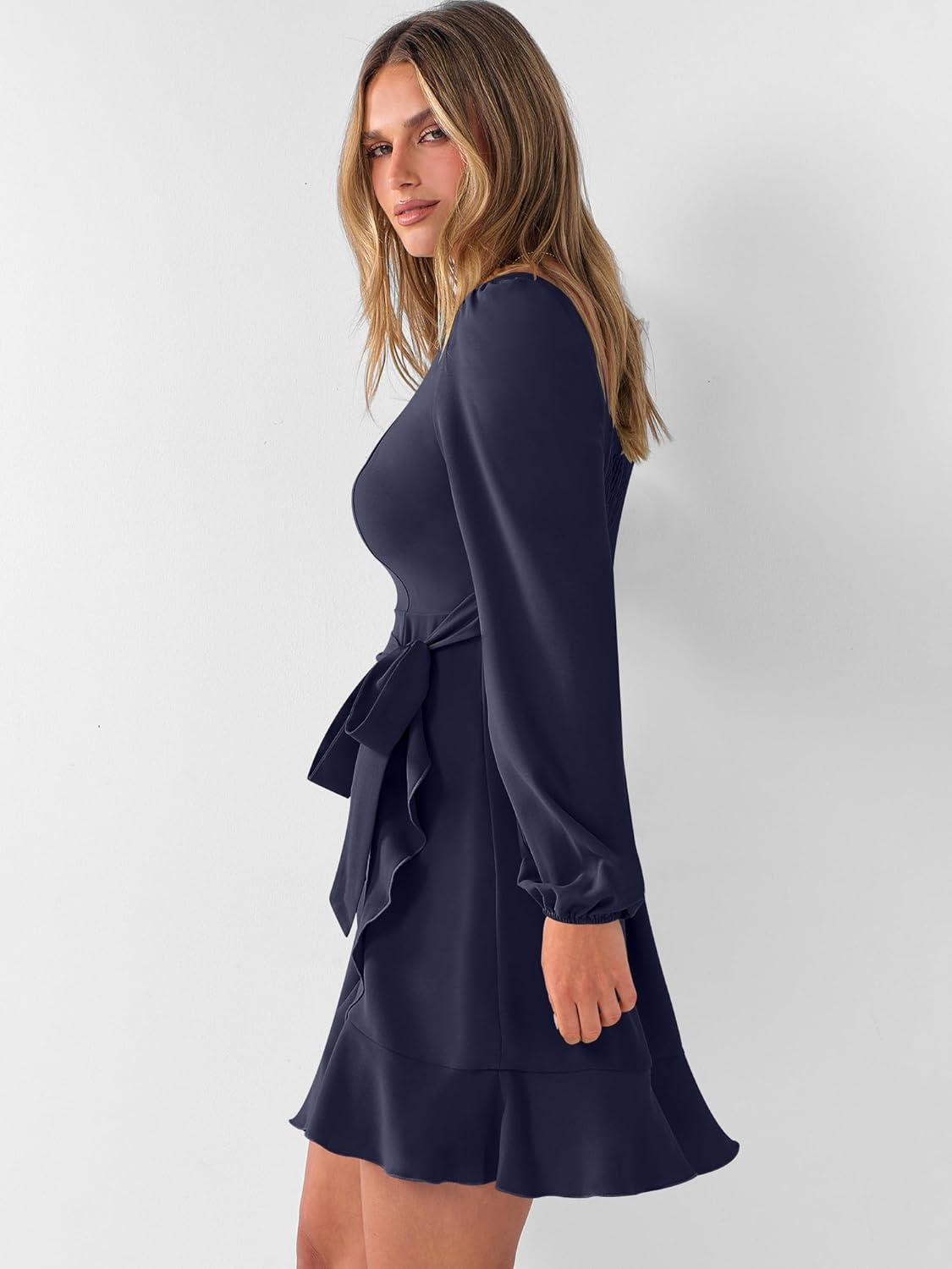 imageANRABESS Womens Dress Long Sleeve Square Neck Tie Waist Ruffle Hem Short Cocktail Wedding Guest Fall Party Club Mini DressesDeep Navy Blue