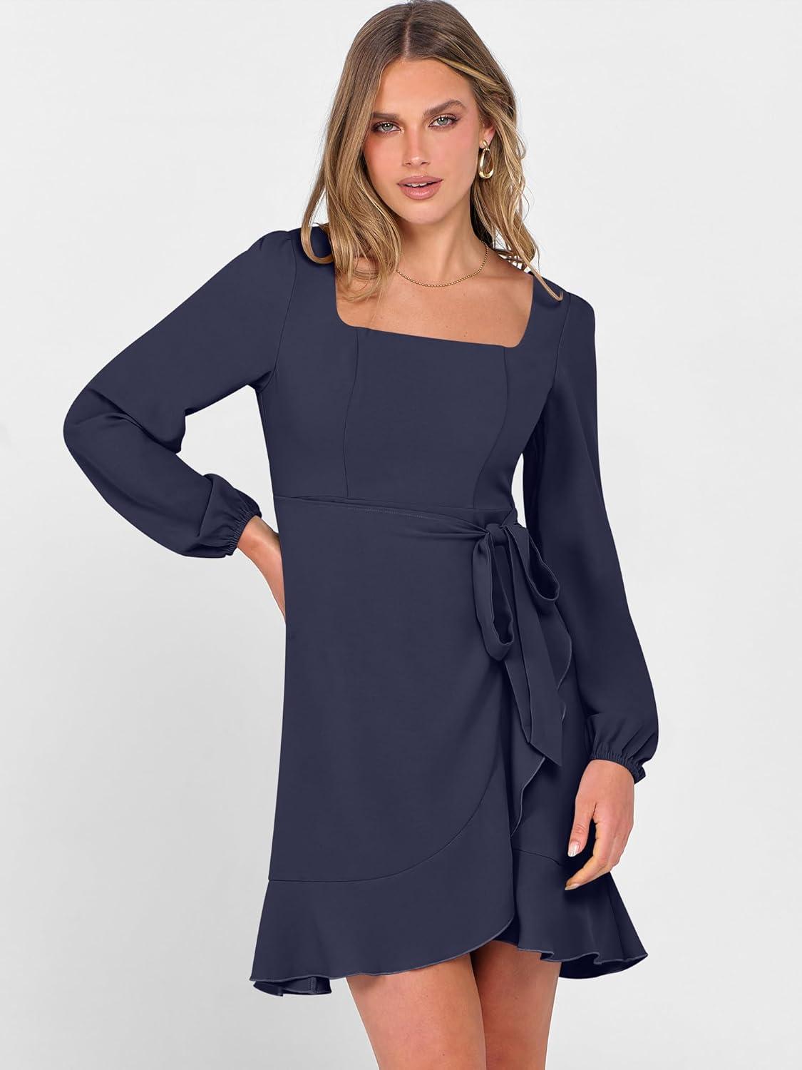 imageANRABESS Womens Dress Long Sleeve Square Neck Tie Waist Ruffle Hem Short Cocktail Wedding Guest Fall Party Club Mini DressesDeep Navy Blue