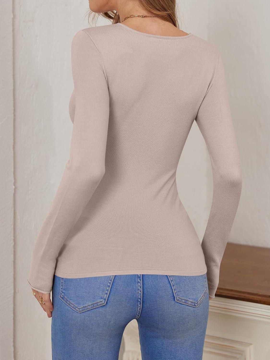 imageANRABESS Womens Fitted Sweaters 2025 Fall Long Sleeve V Neck Basic Tops Lightweight Knitted Slim Dressy Casual Work ShirtsGrey Khaki