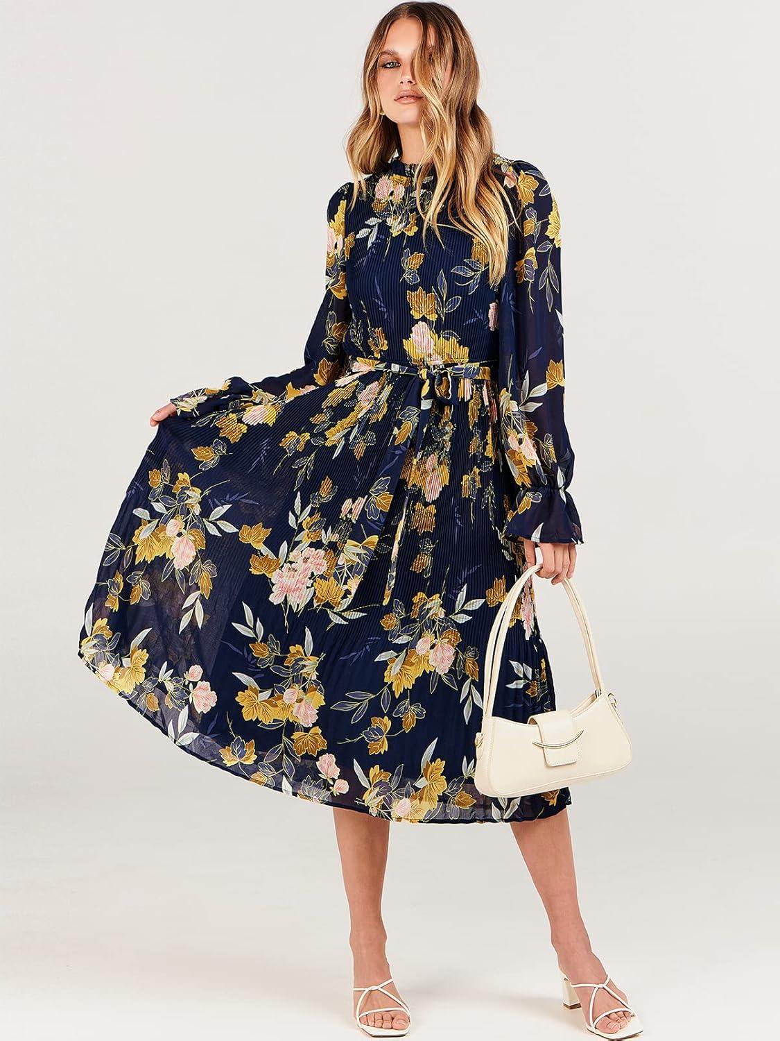 imageANRABESS Womens Floral Chiffon Midi Dress Puff Long Sleeve Mock Neck Summer Wedding Guest Party Dresses Fall 2025 OutfitsFloral Navy